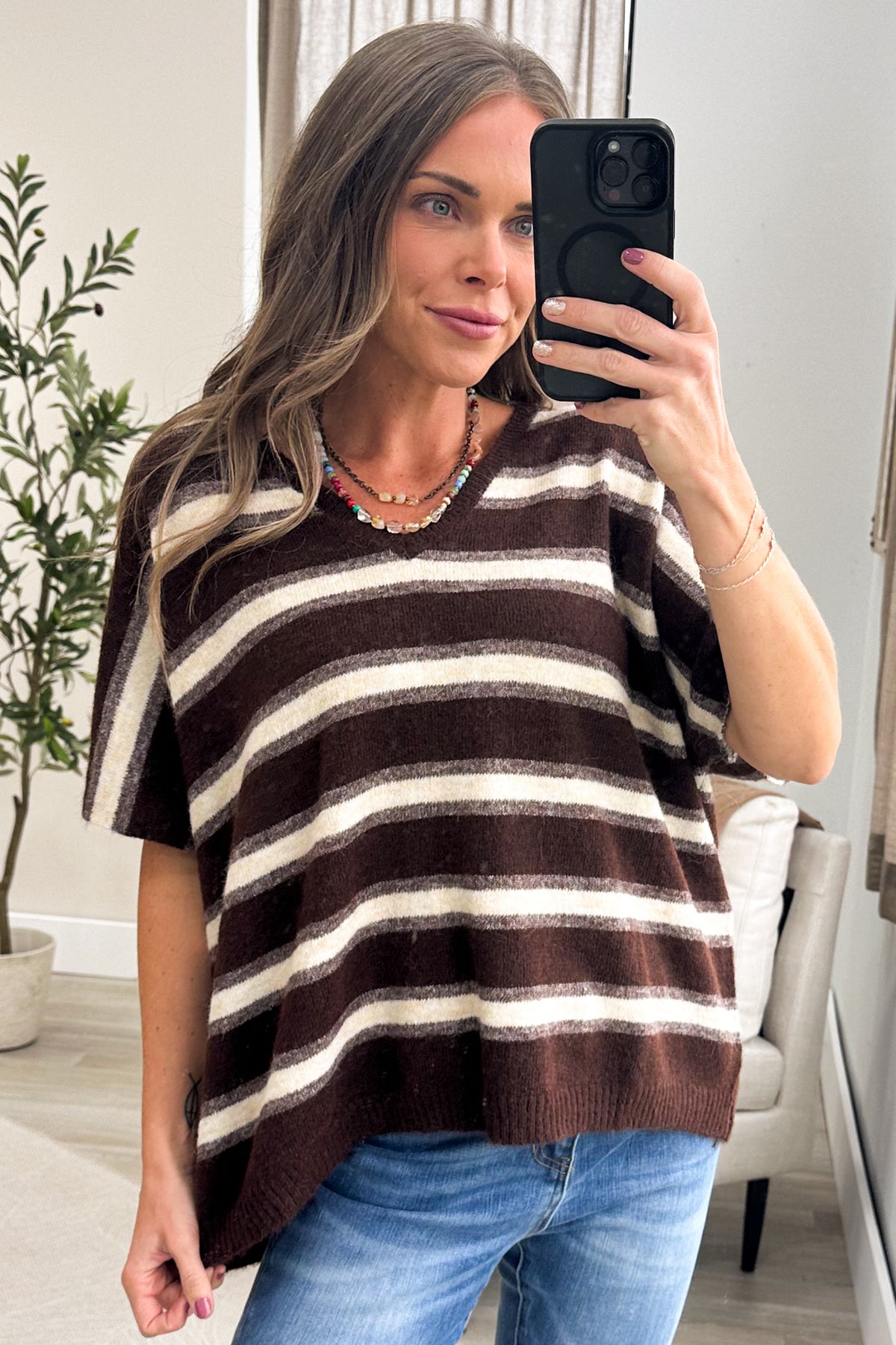 Stripe Wool Blend V-Neck Short Sleeve Sweater