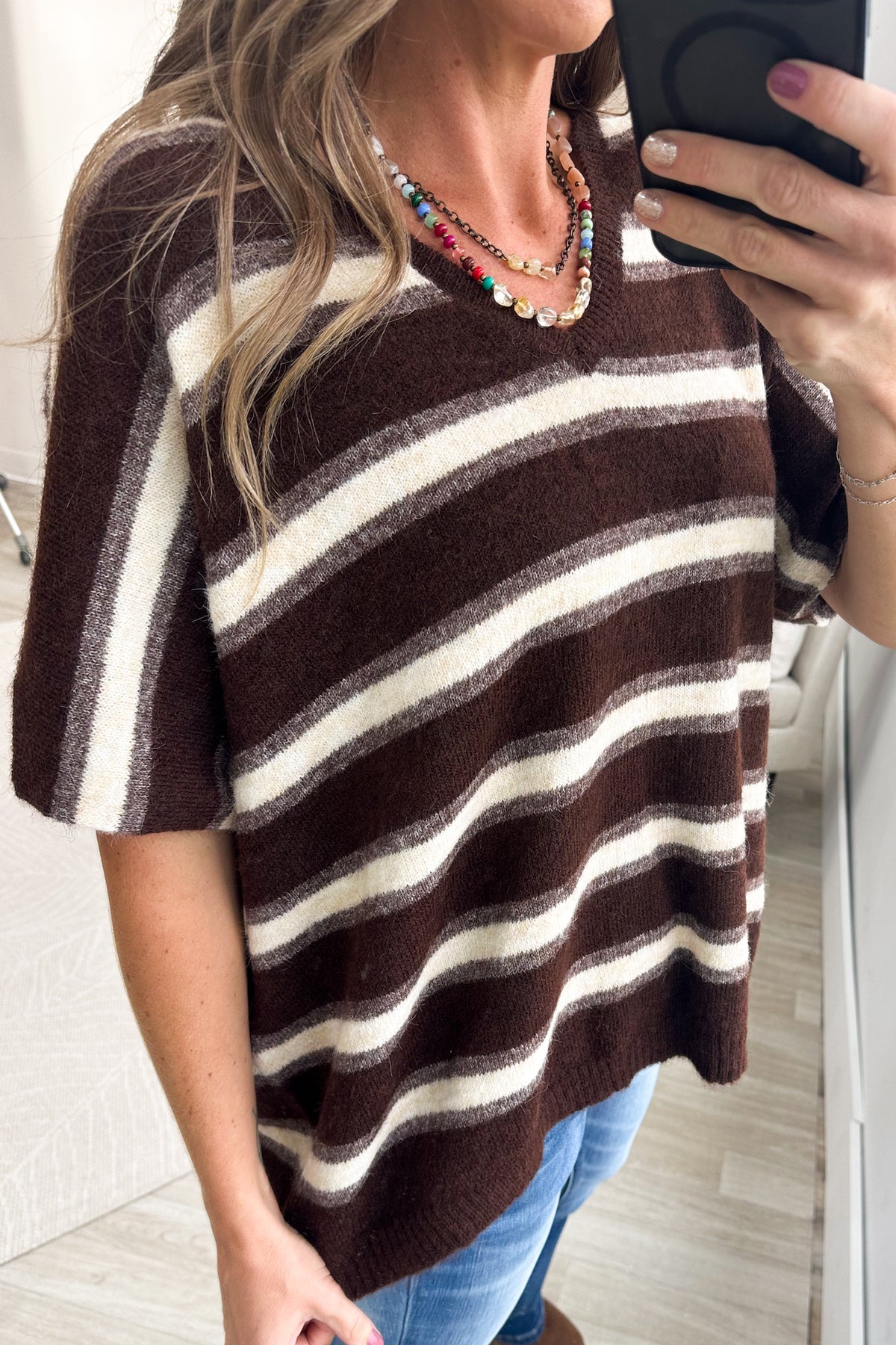 Stripe Wool Blend V-Neck Short Sleeve Sweater