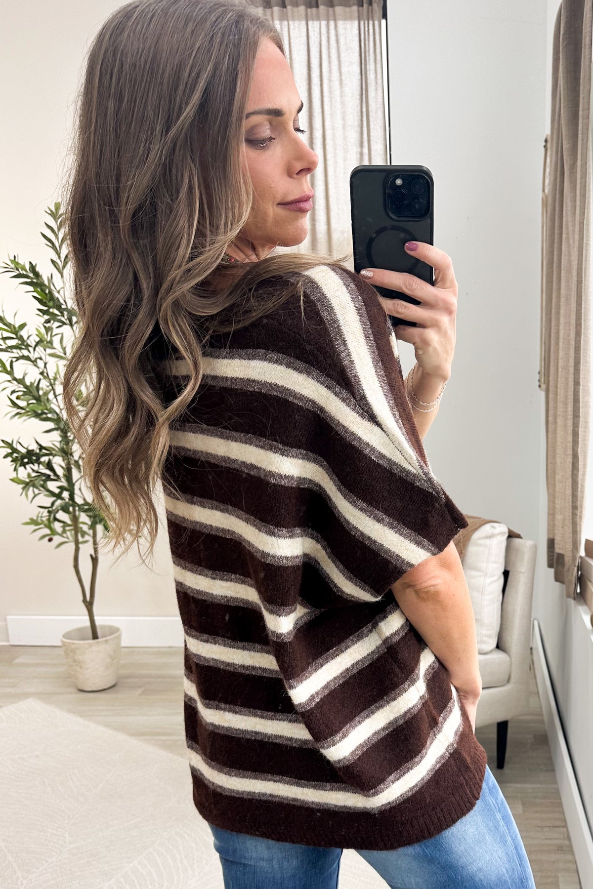 Stripe Wool Blend V-Neck Short Sleeve Sweater
