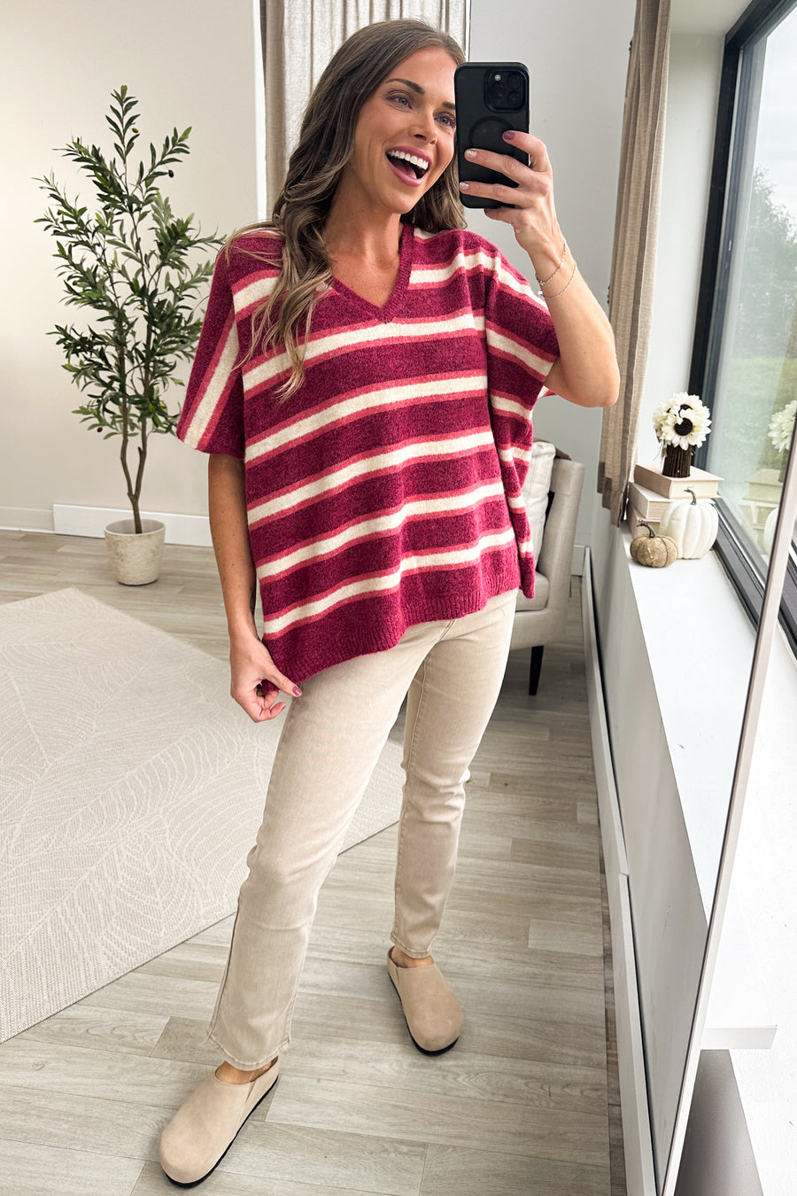 Stripe Wool Blend V-Neck Short Sleeve Sweater
