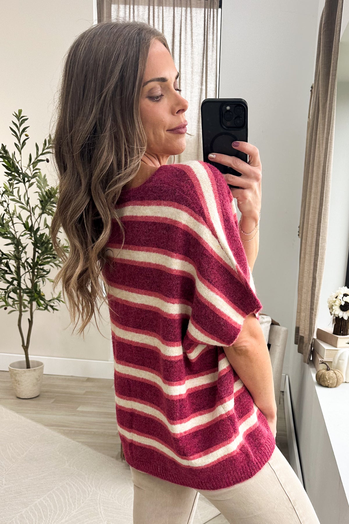 Stripe Wool Blend V-Neck Short Sleeve Sweater