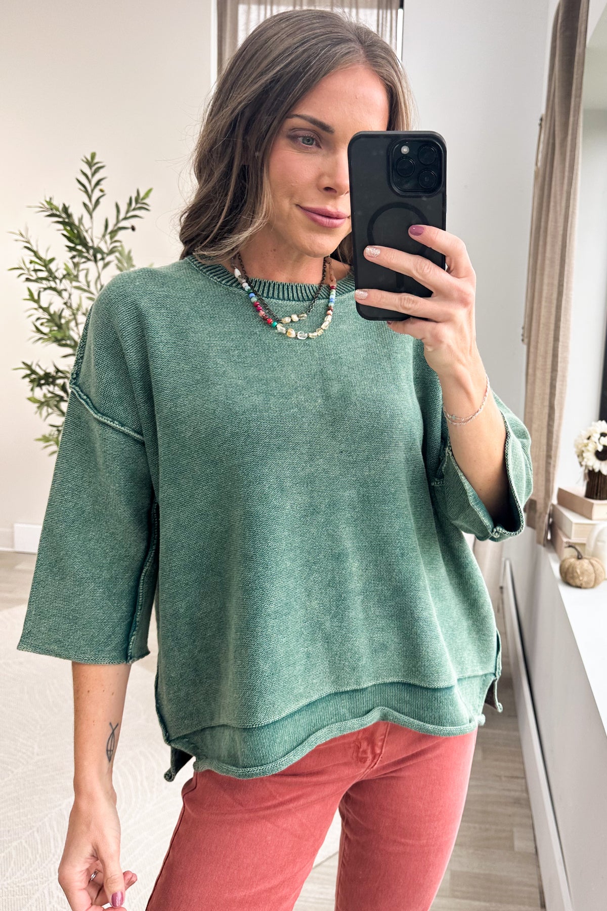 Washed Green Quarter Sleeve Boxy Sweater Top