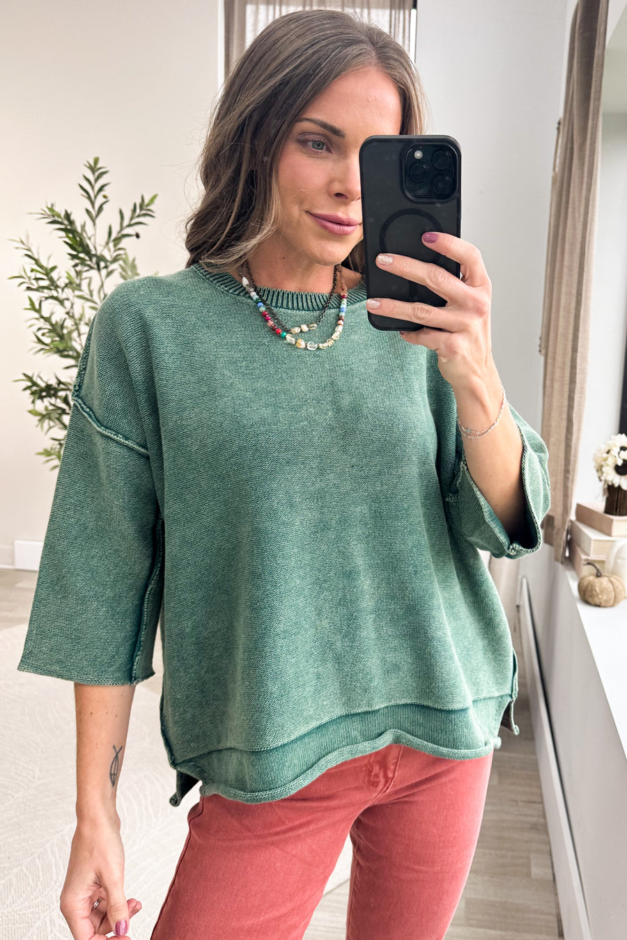 Washed Green Quarter Sleeve Boxy Sweater Top