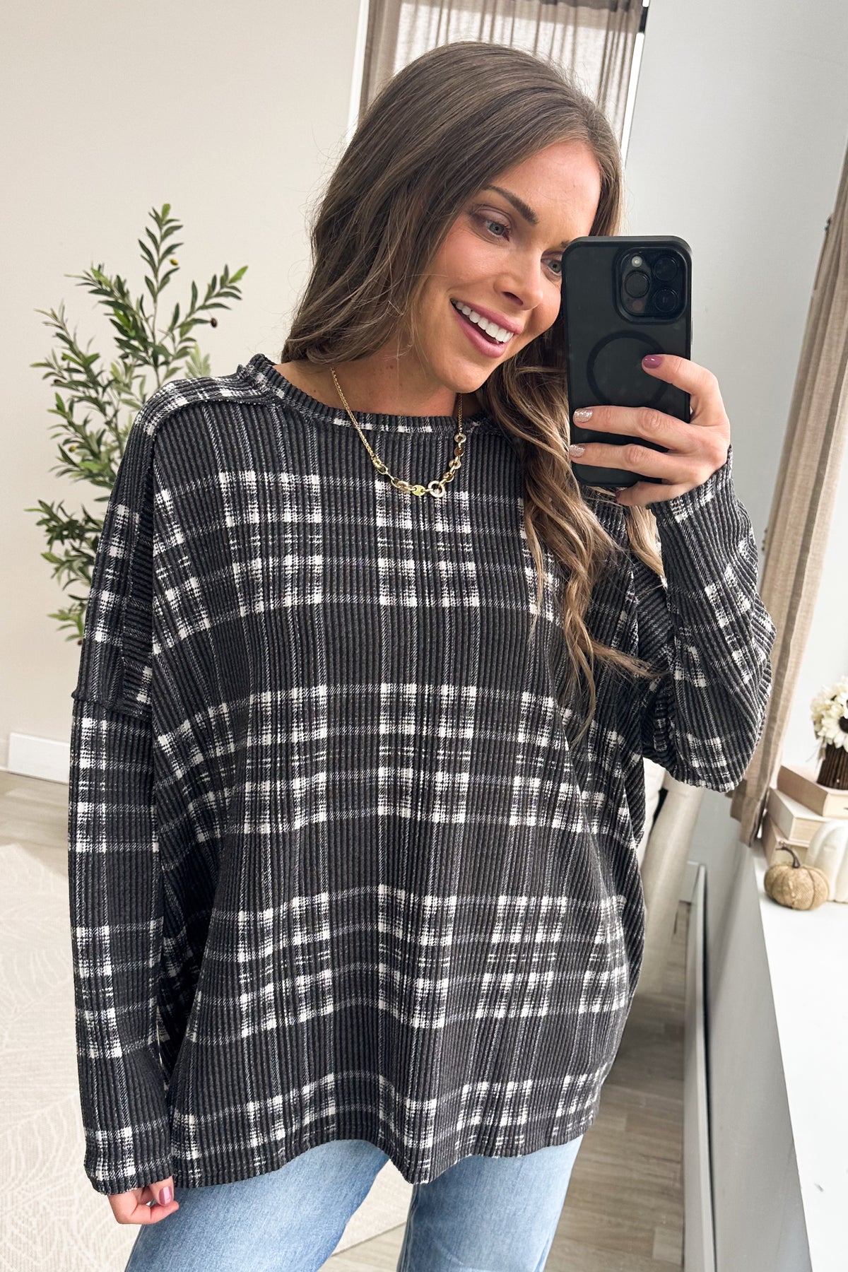 Black Rib Plaid Long Sleeve Knit Top