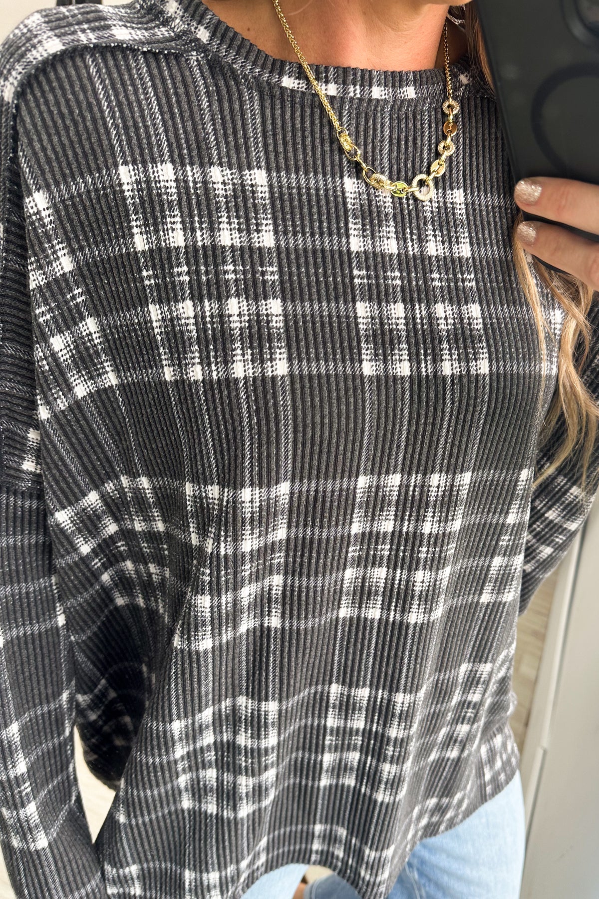 Black Rib Plaid Long Sleeve Knit Top