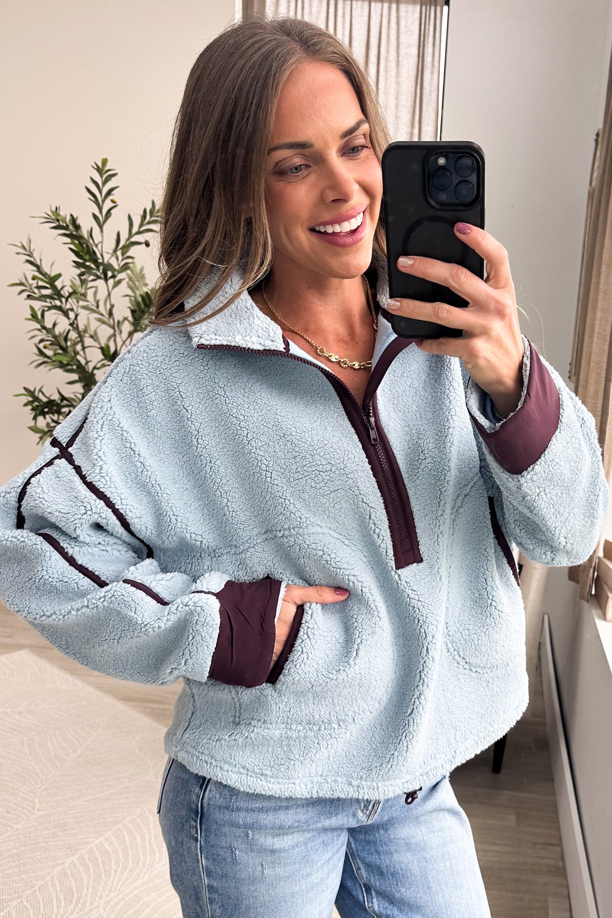 Pastel Blue Half Zip Contrast Detail Fleece Sweatshirt
