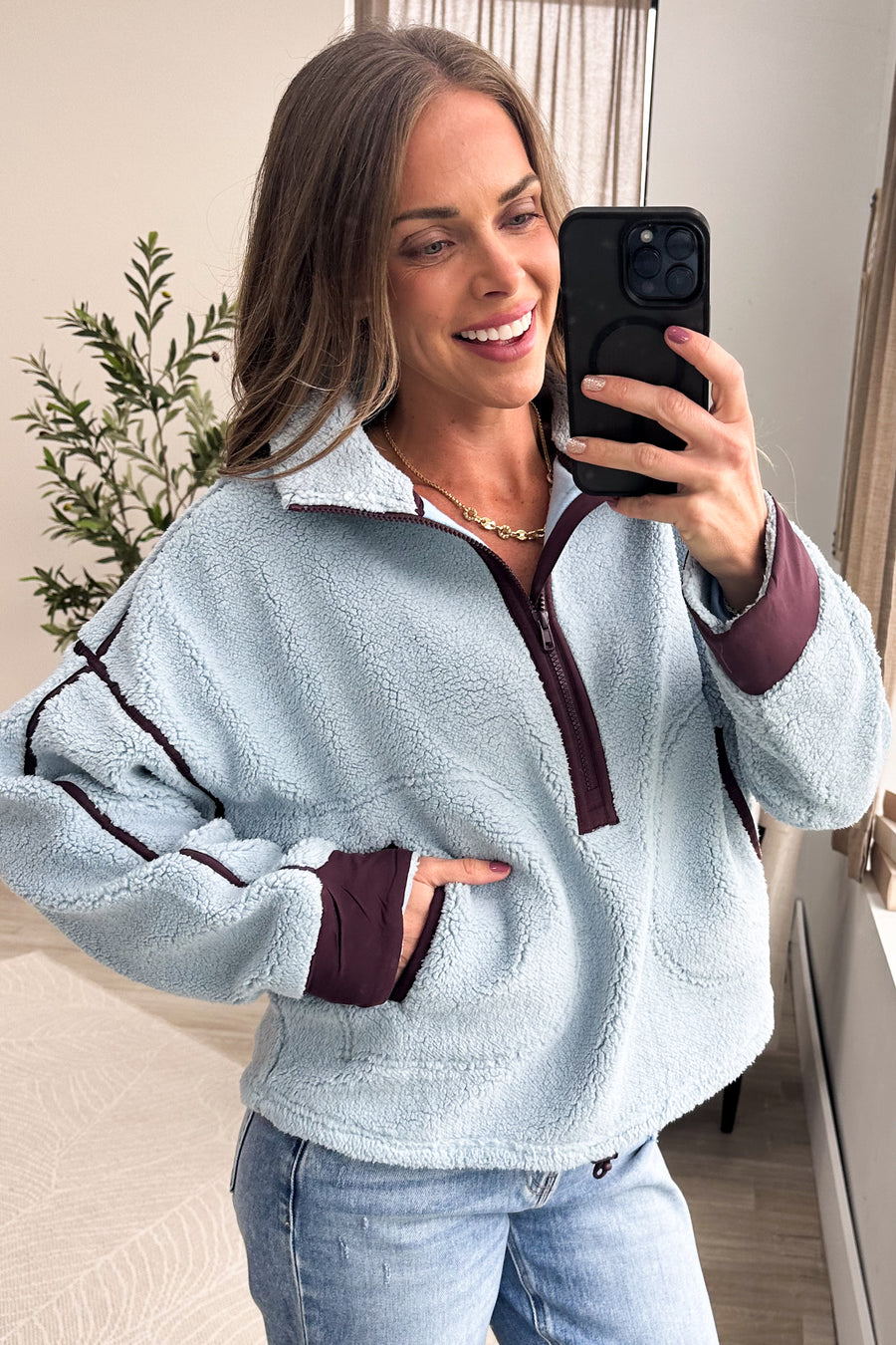 Pastel Blue Half Zip Contrast Detail Fleece Sweatshirt