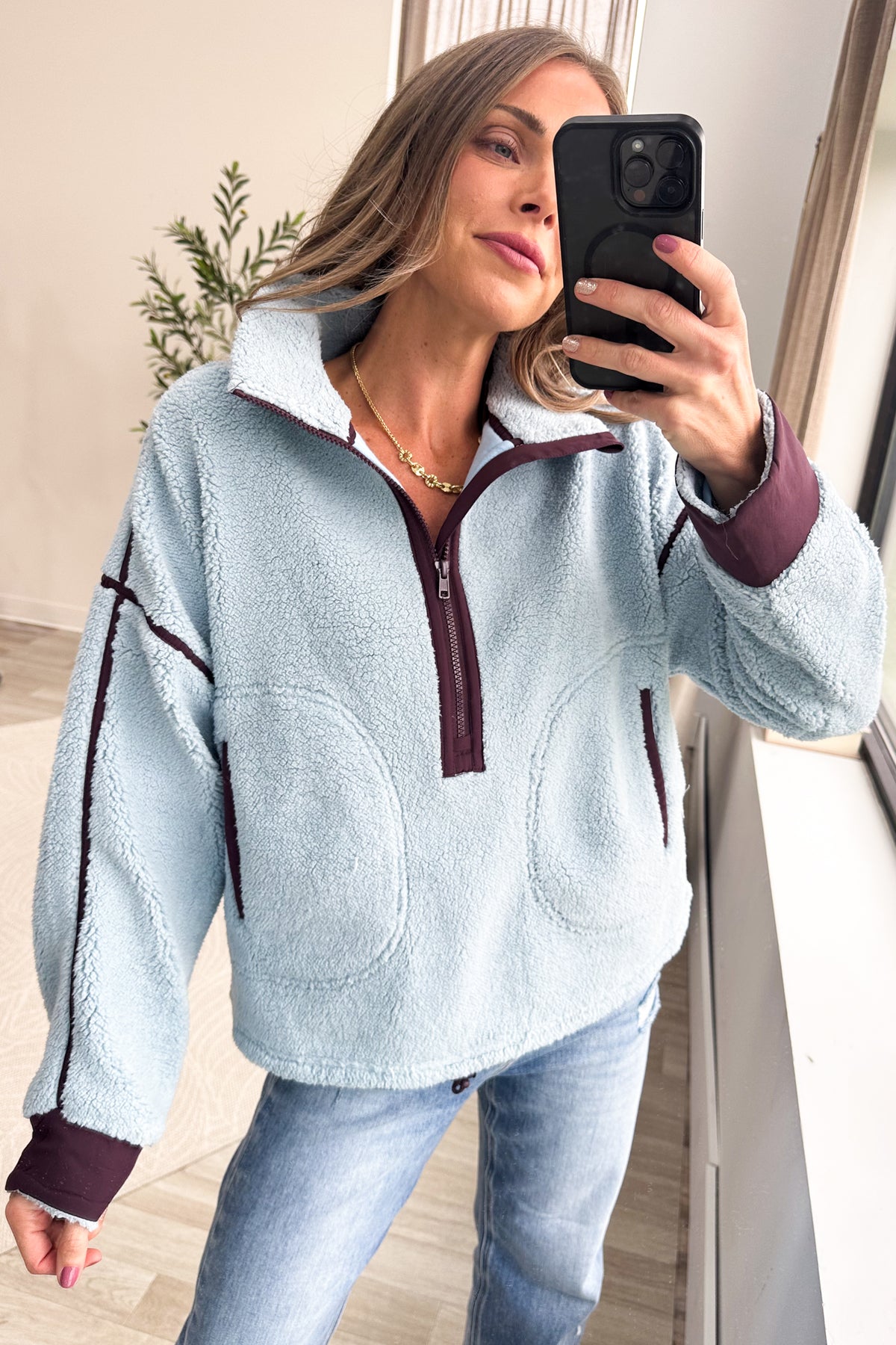 Pastel Blue Half Zip Contrast Detail Fleece Sweatshirt