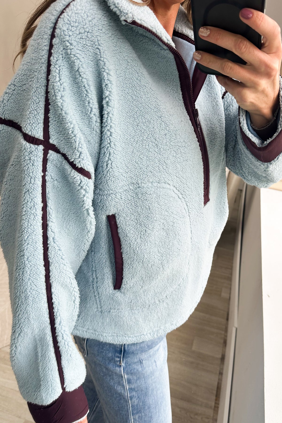 Pastel Blue Half Zip Contrast Detail Fleece Sweatshirt
