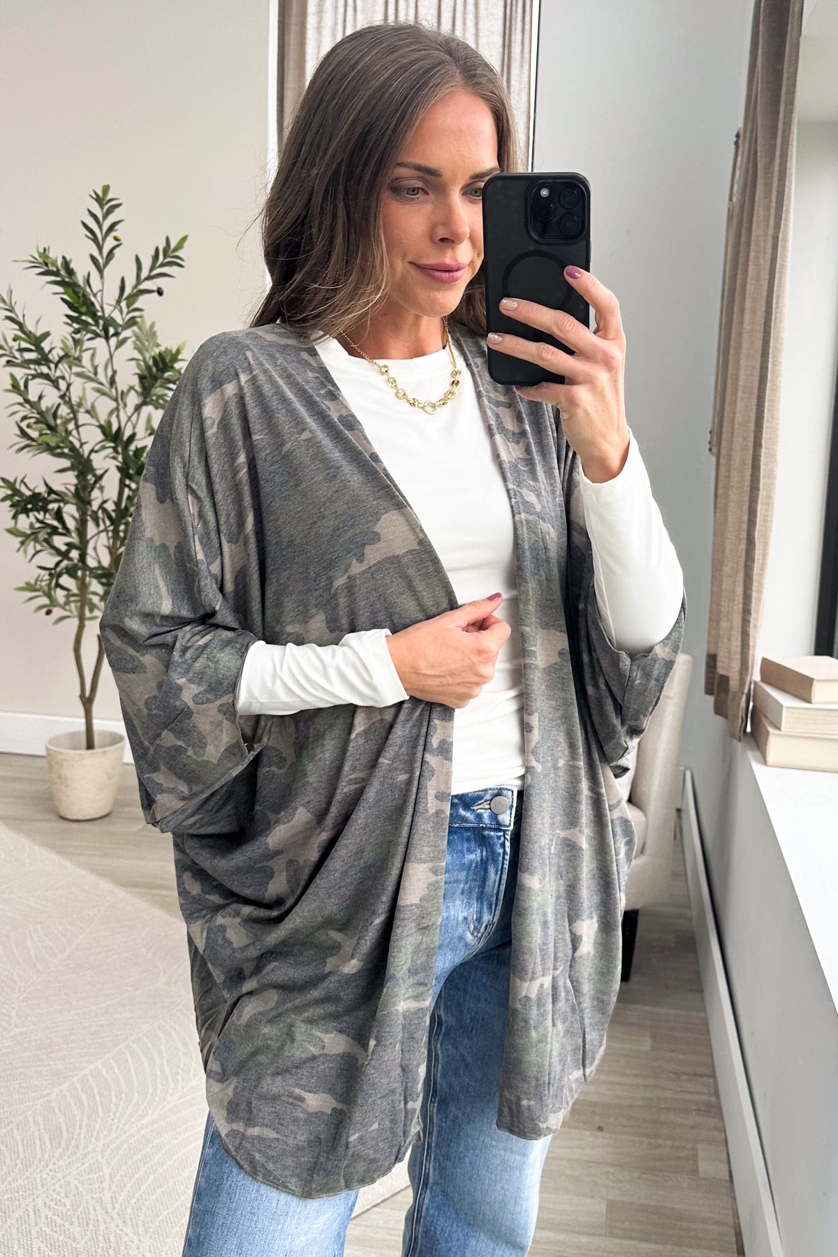 Camo Print Open Front Kimono Cardigan