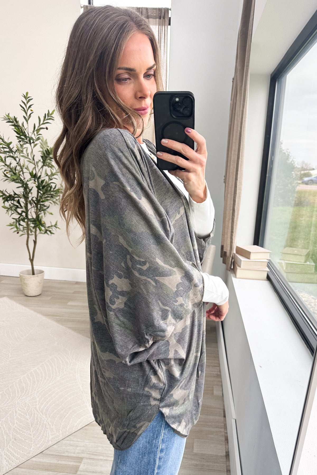 Camo Print Open Front Kimono Cardigan