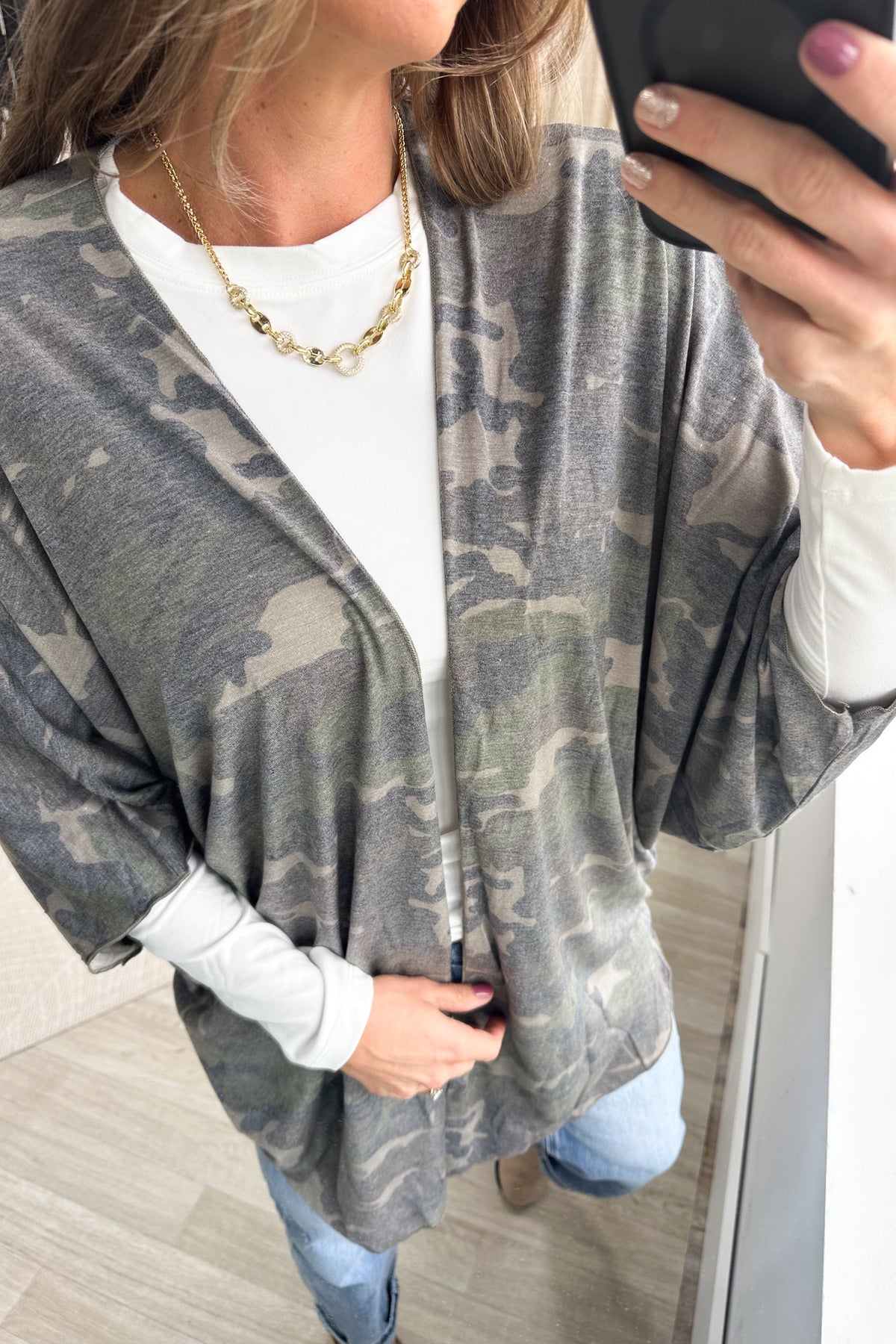 Camo Print Open Front Kimono Cardigan