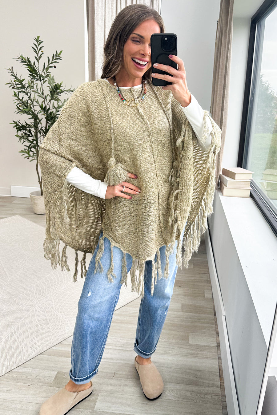Heathered Tan Trim Fringe Poncho Top