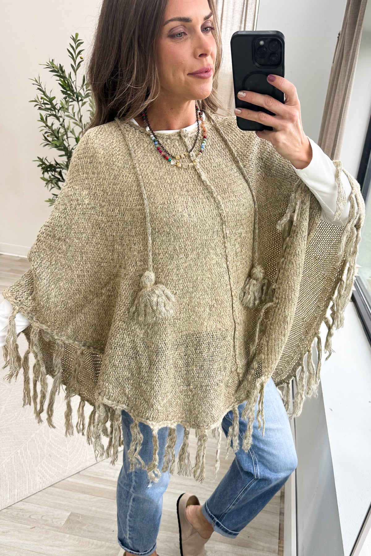 Heathered Tan Trim Fringe Poncho Top