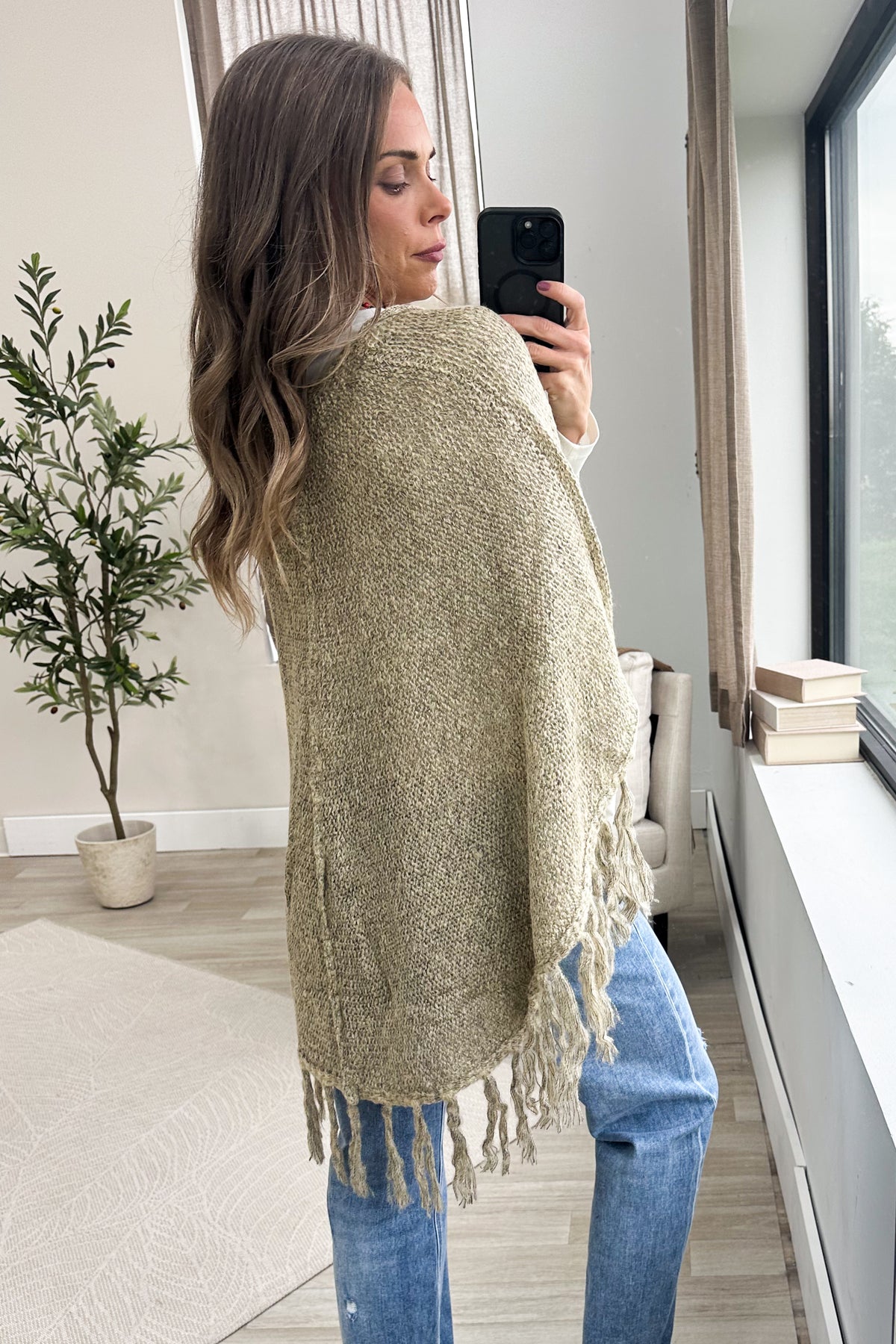 Heathered Tan Trim Fringe Poncho Top
