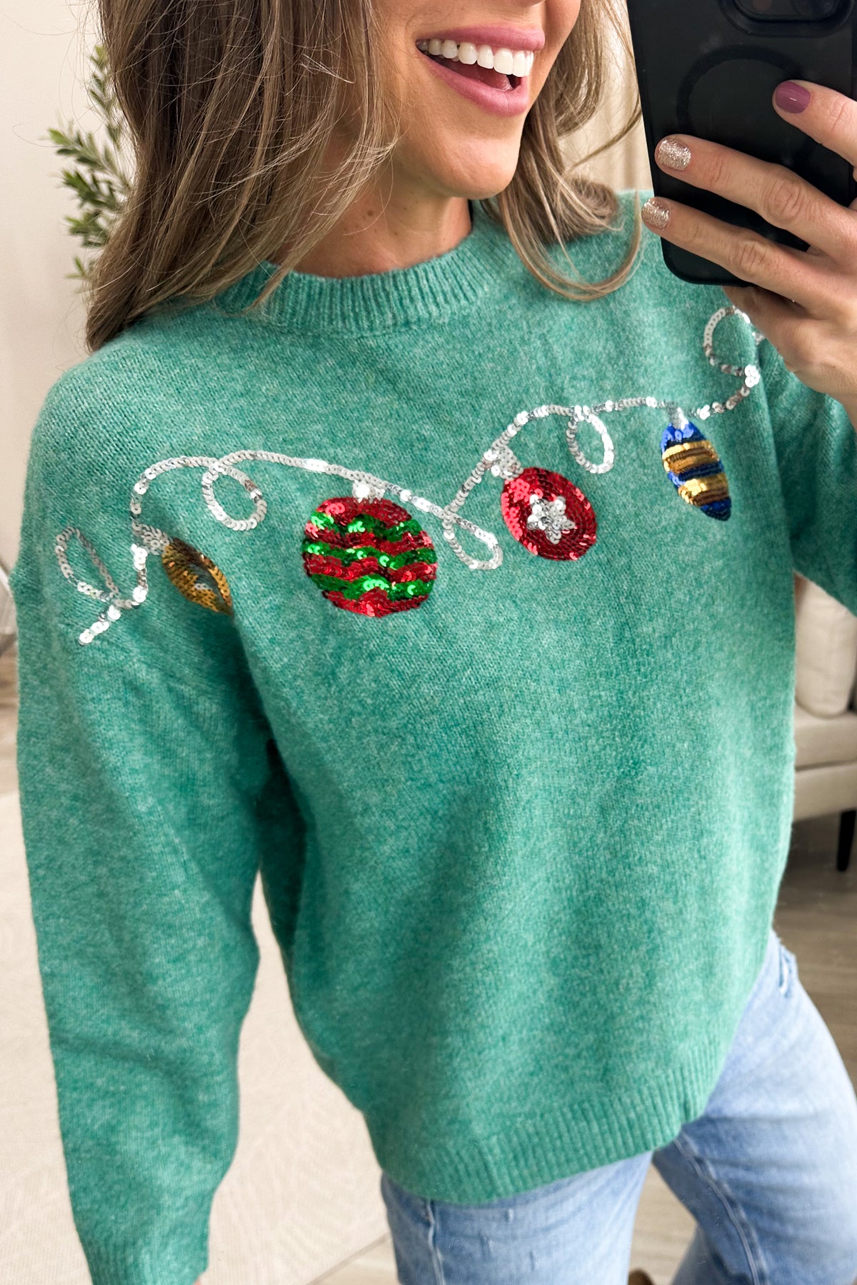 Dark Mint Christmas Ornament Sequin Sweater