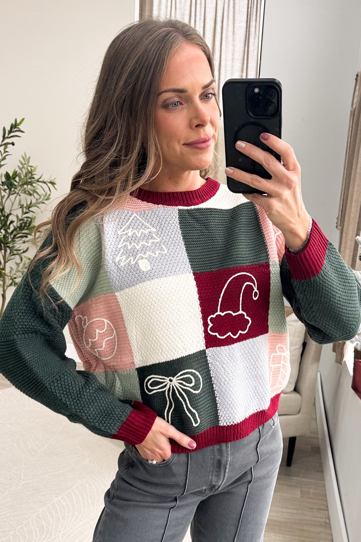 Burgundy Holiday Patchwork Knit Sweater