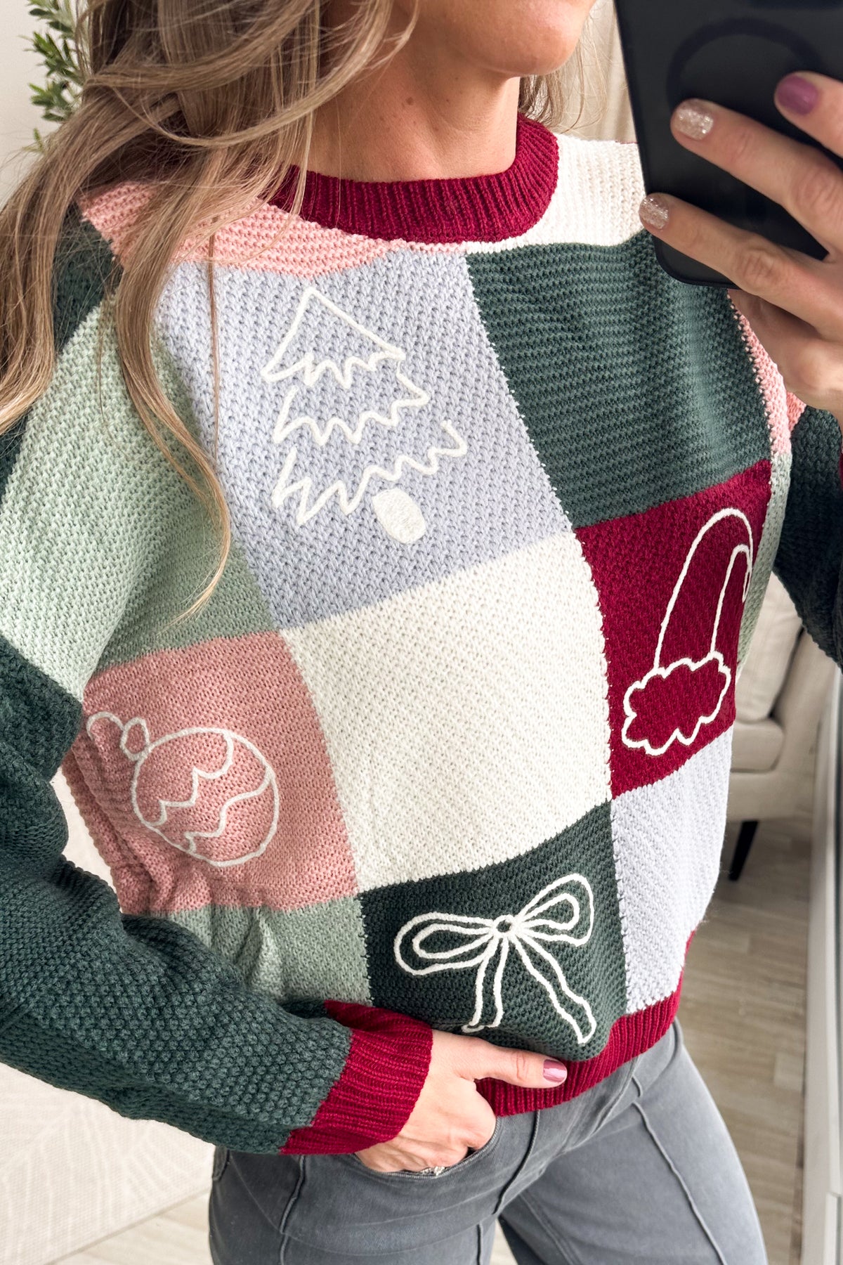 Burgundy Holiday Patchwork Knit Sweater