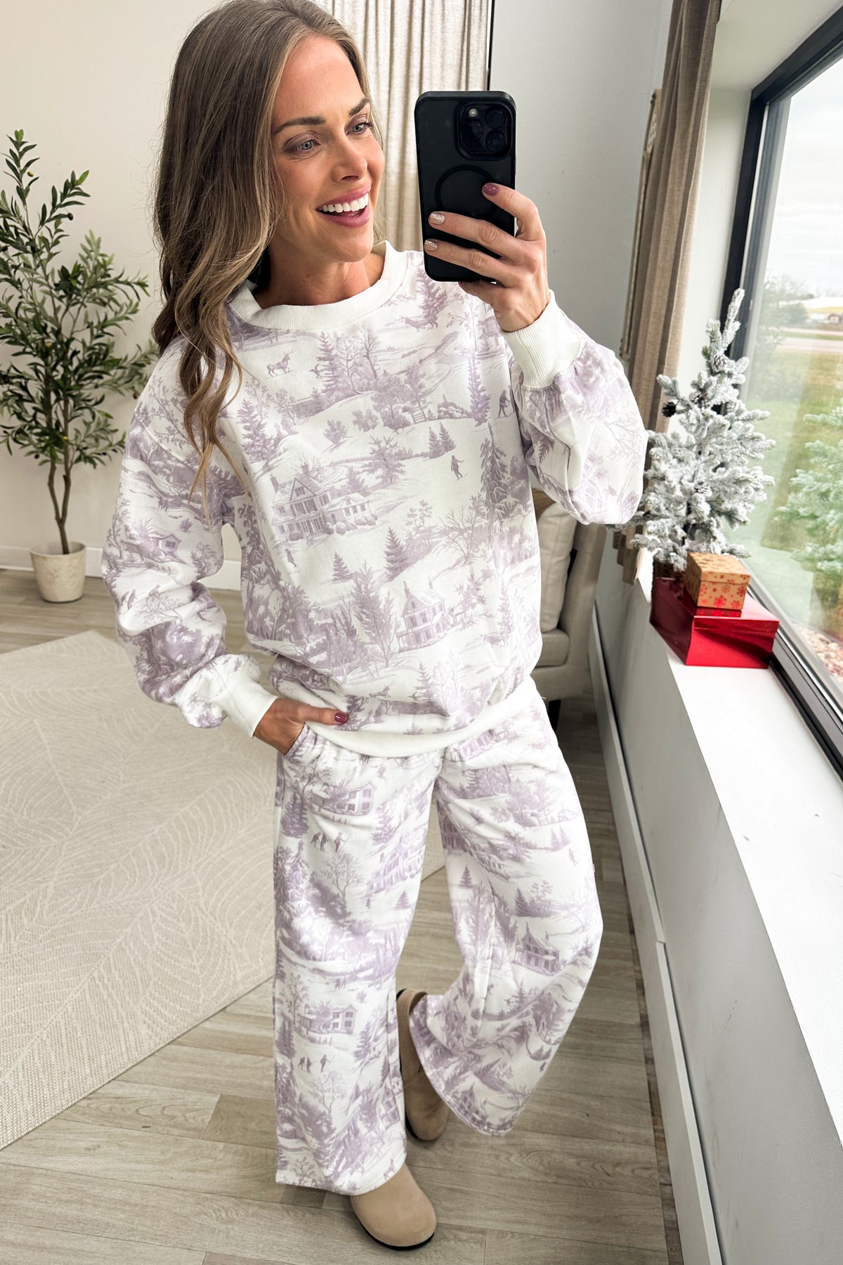 Lavender Christmas Village Sweatshirt And Pant Set