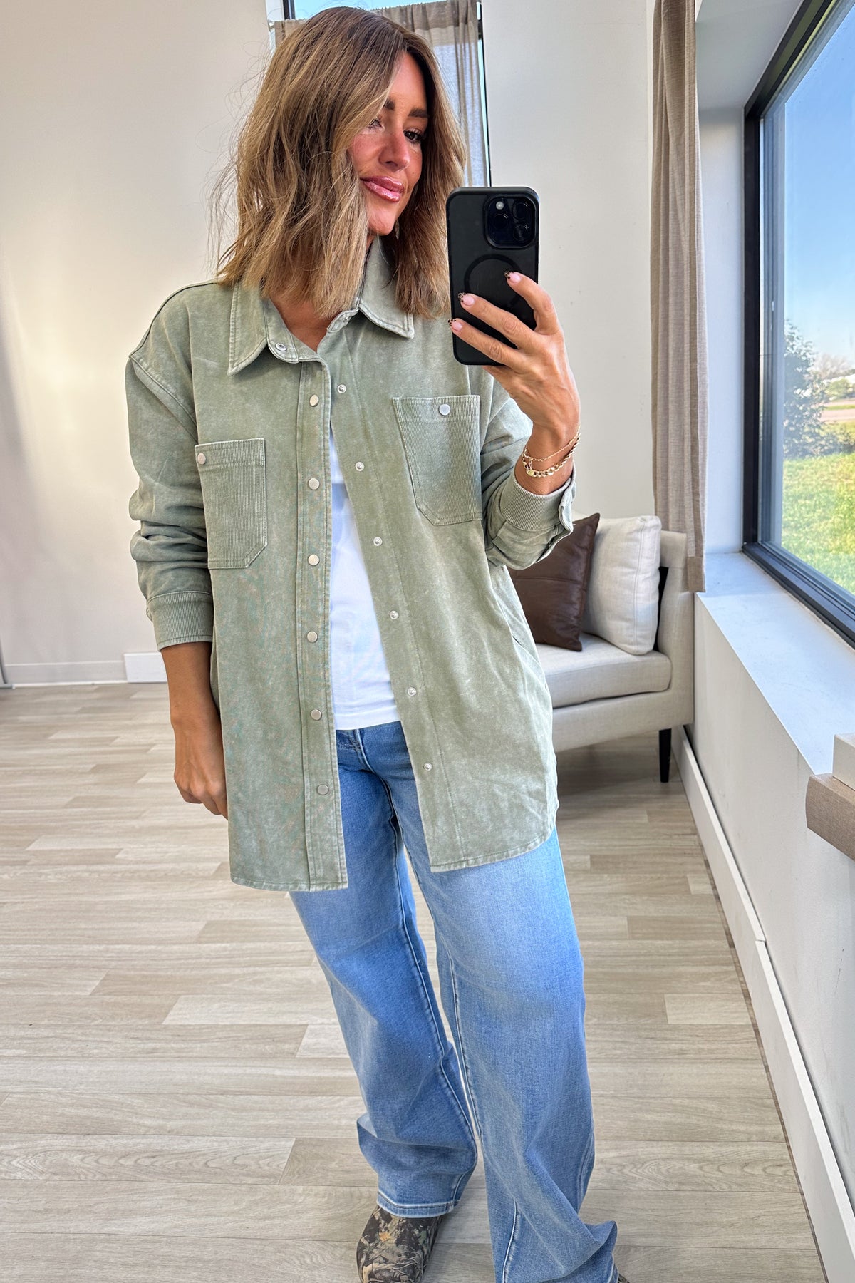 Washed Olive Soft Knit Shacket With Pockets