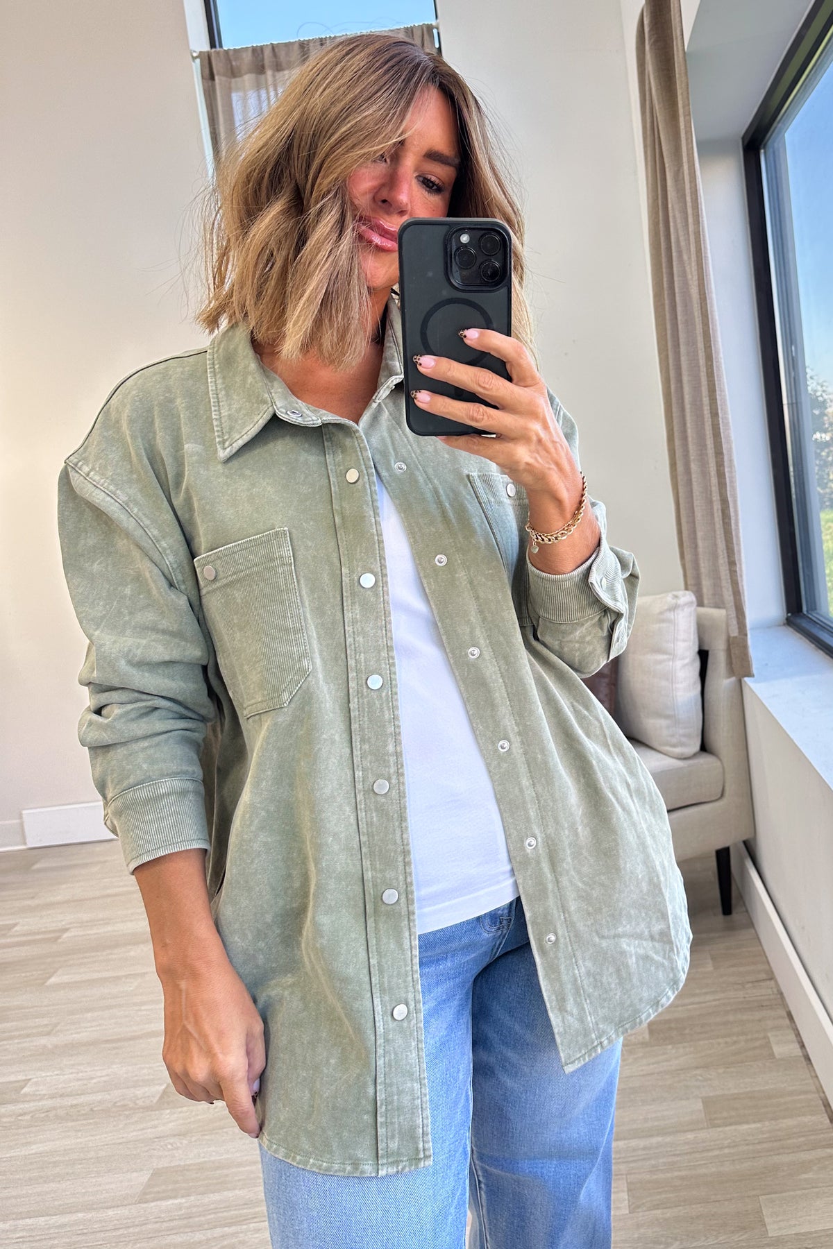 Washed Olive Soft Knit Shacket With Pockets