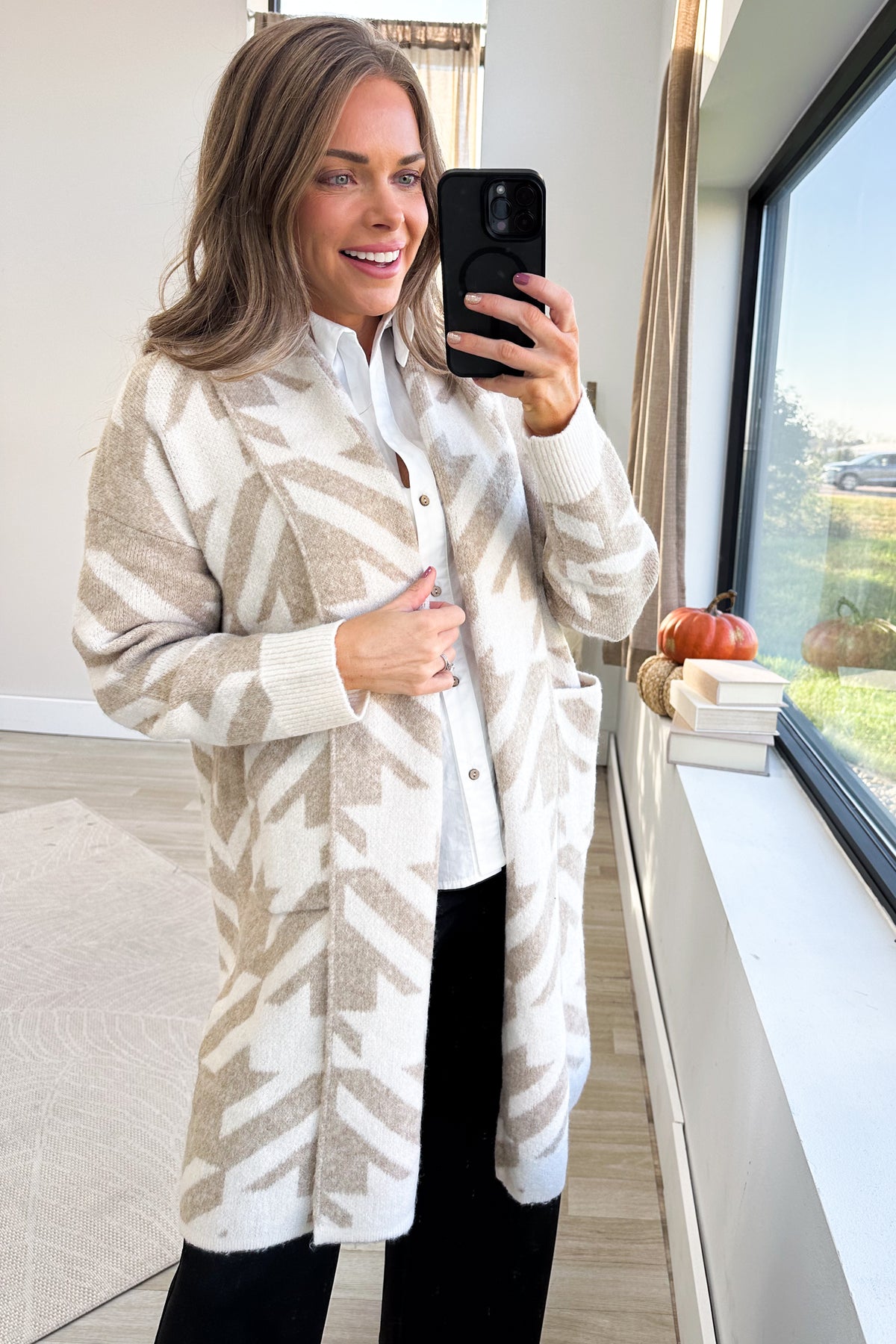 Tan Printed Plush Open Cardigan