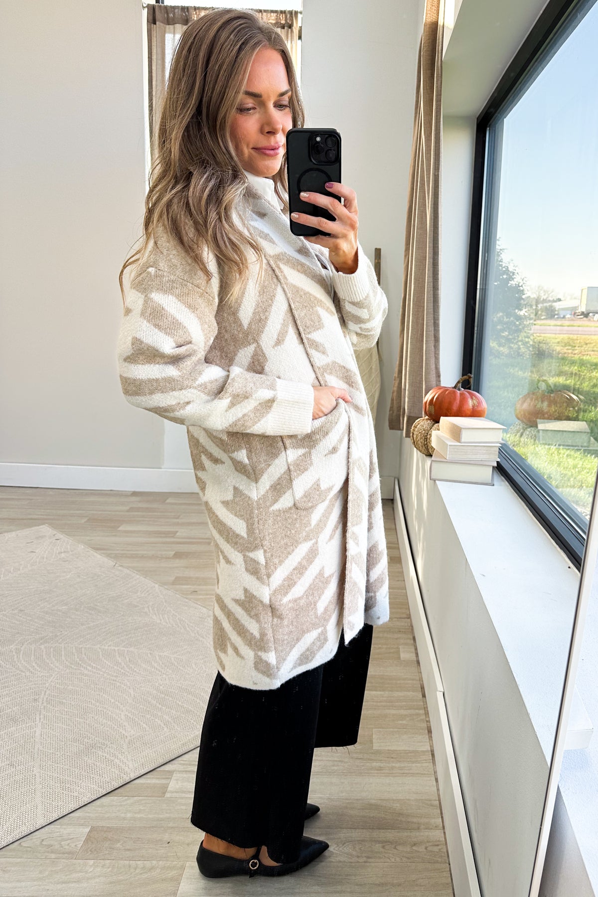 Tan Printed Plush Open Cardigan