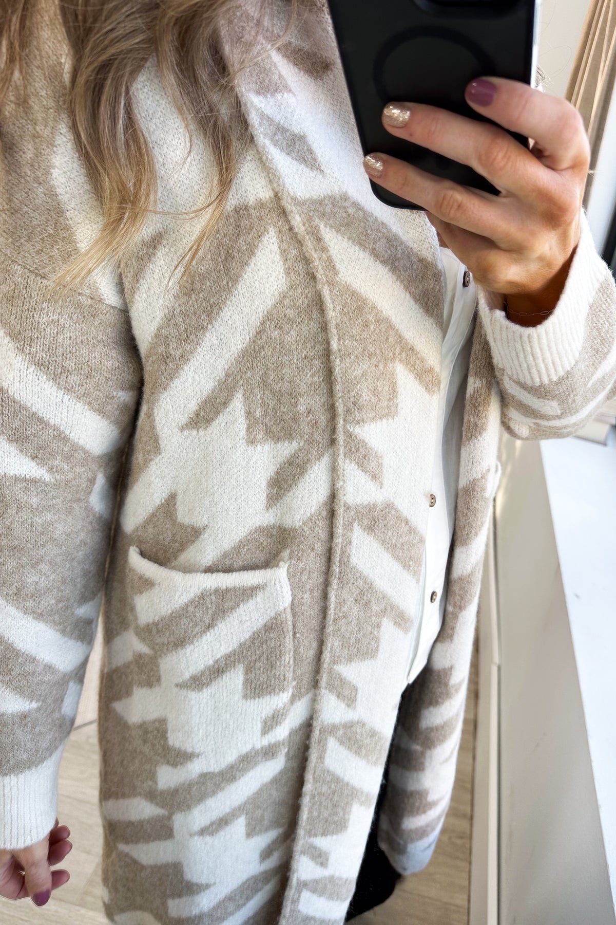 Tan Printed Plush Open Cardigan