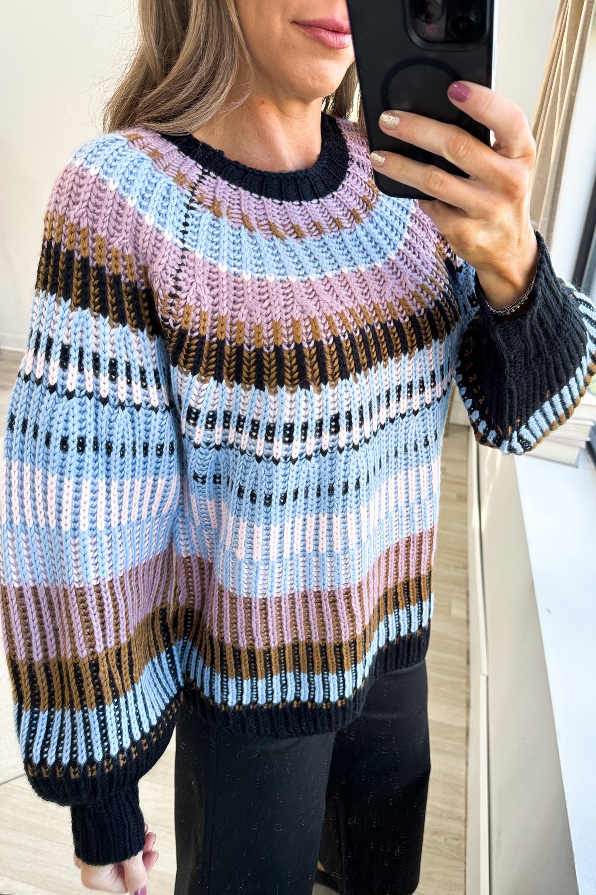 Black Multicolor Stripe Ribbed Sweater