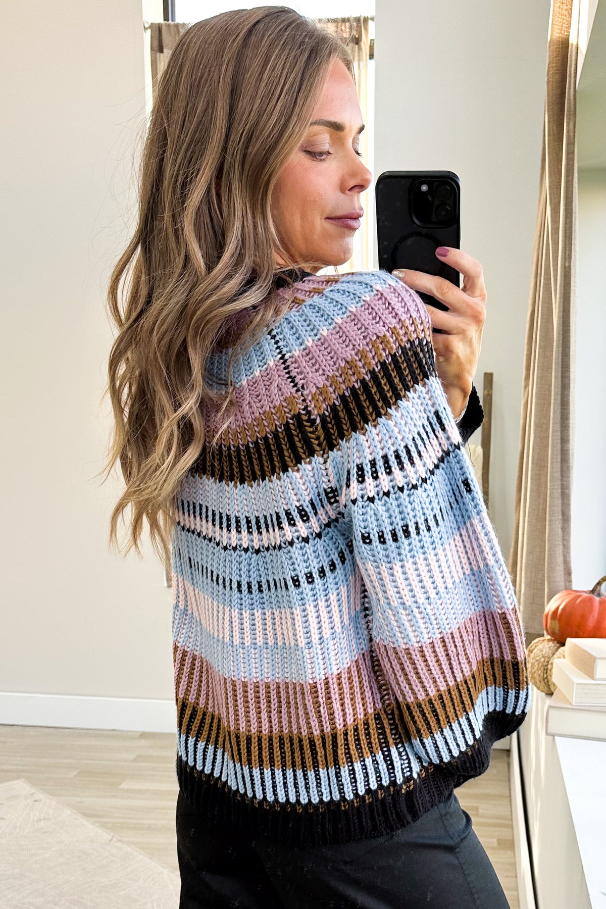Black Multicolor Stripe Ribbed Sweater