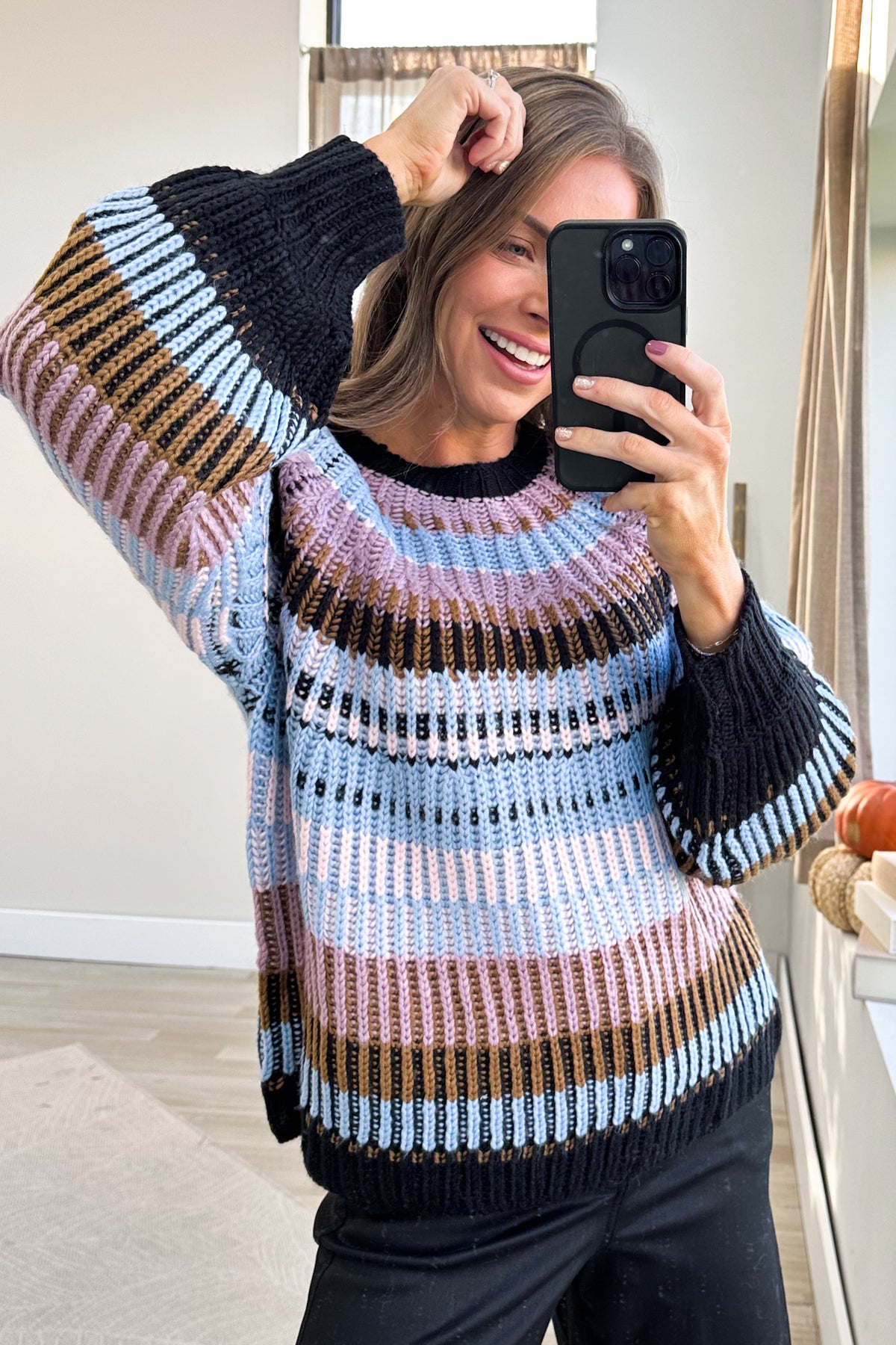 Black Multicolor Stripe Ribbed Sweater