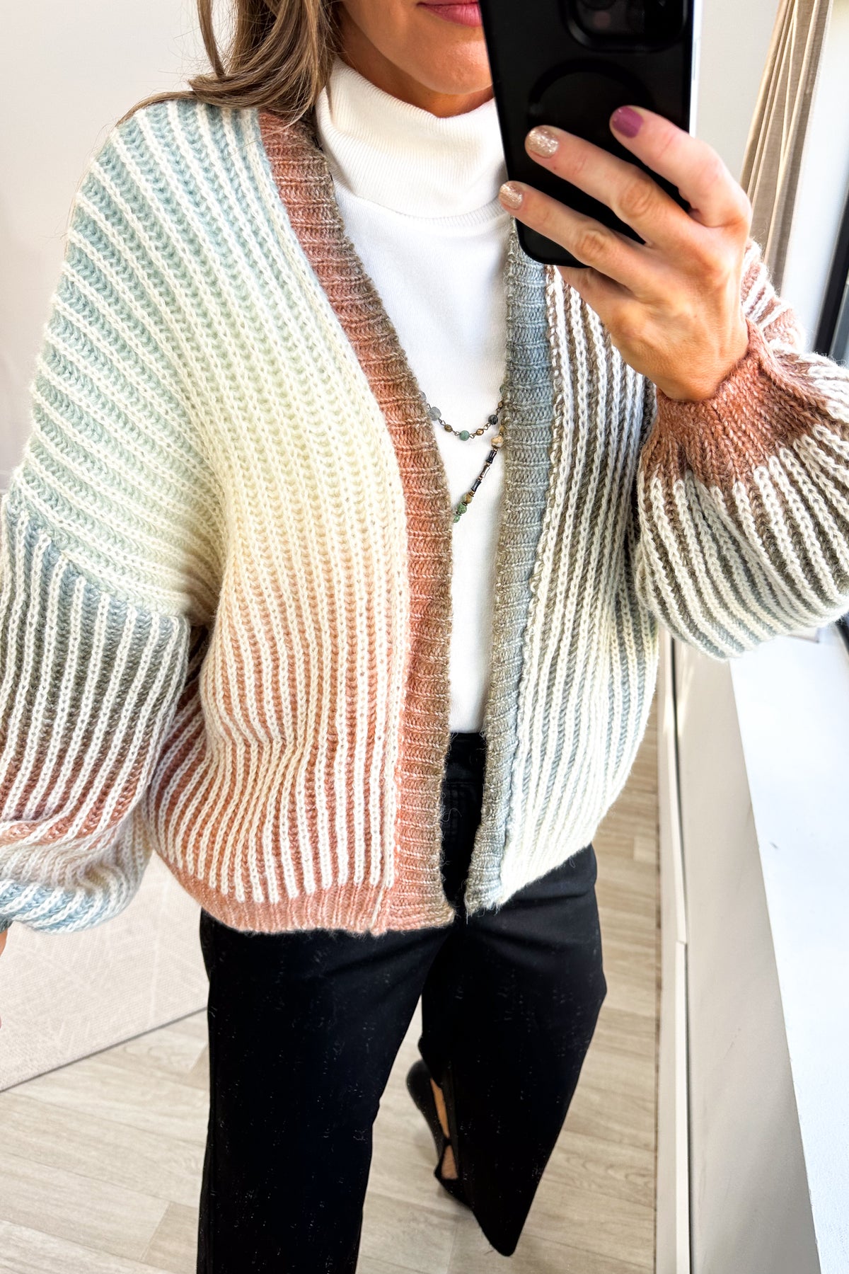 Rust And Olive Ombre Stripe Open Knit Cardigan