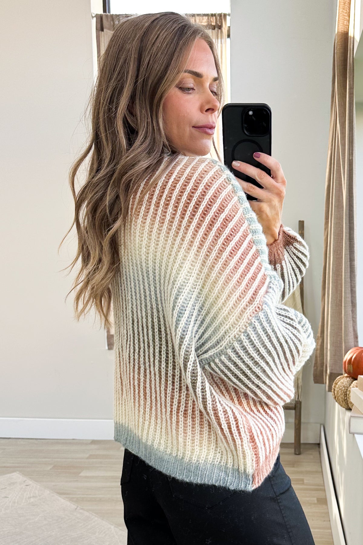 Rust And Olive Ombre Stripe Open Knit Cardigan