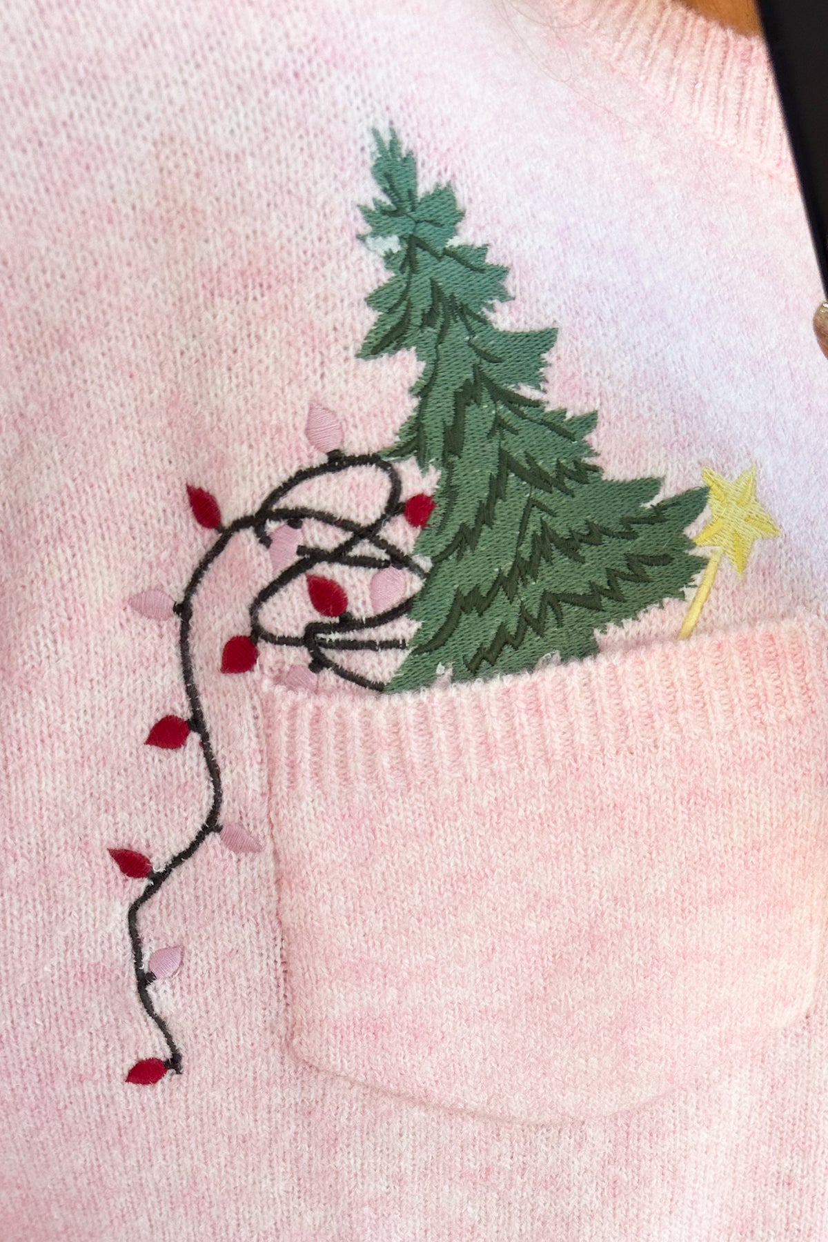 Light Pink Embroidered Christmas Tree Knit Sweater