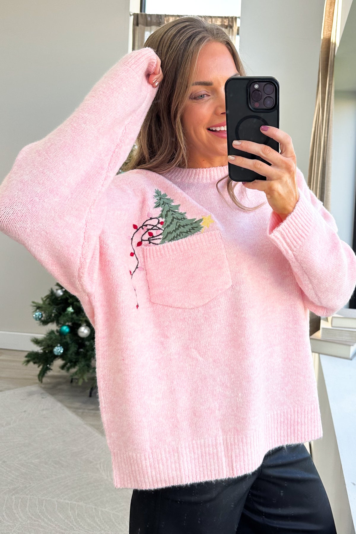 Light Pink Embroidered Christmas Tree Knit Sweater