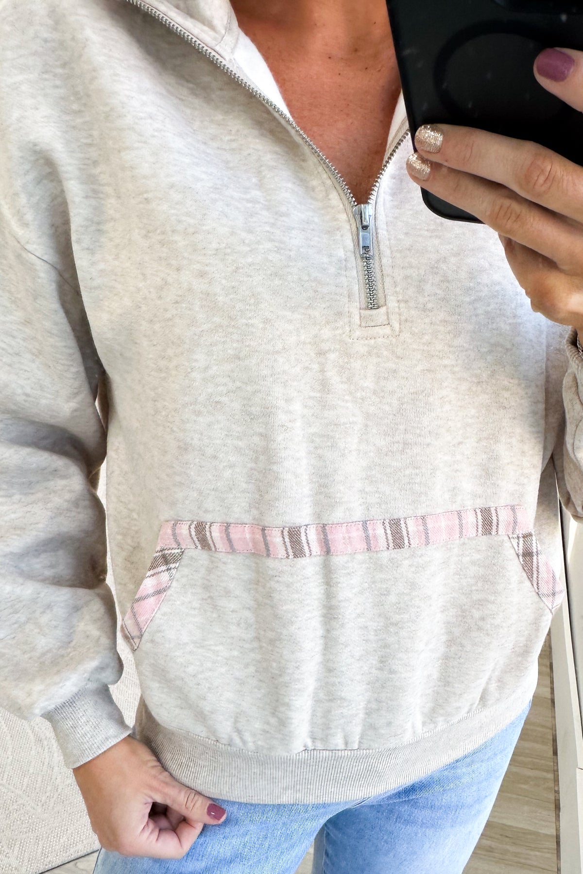 Oatmeal With Pink Plaid Trim Quarter Zip Pullover
