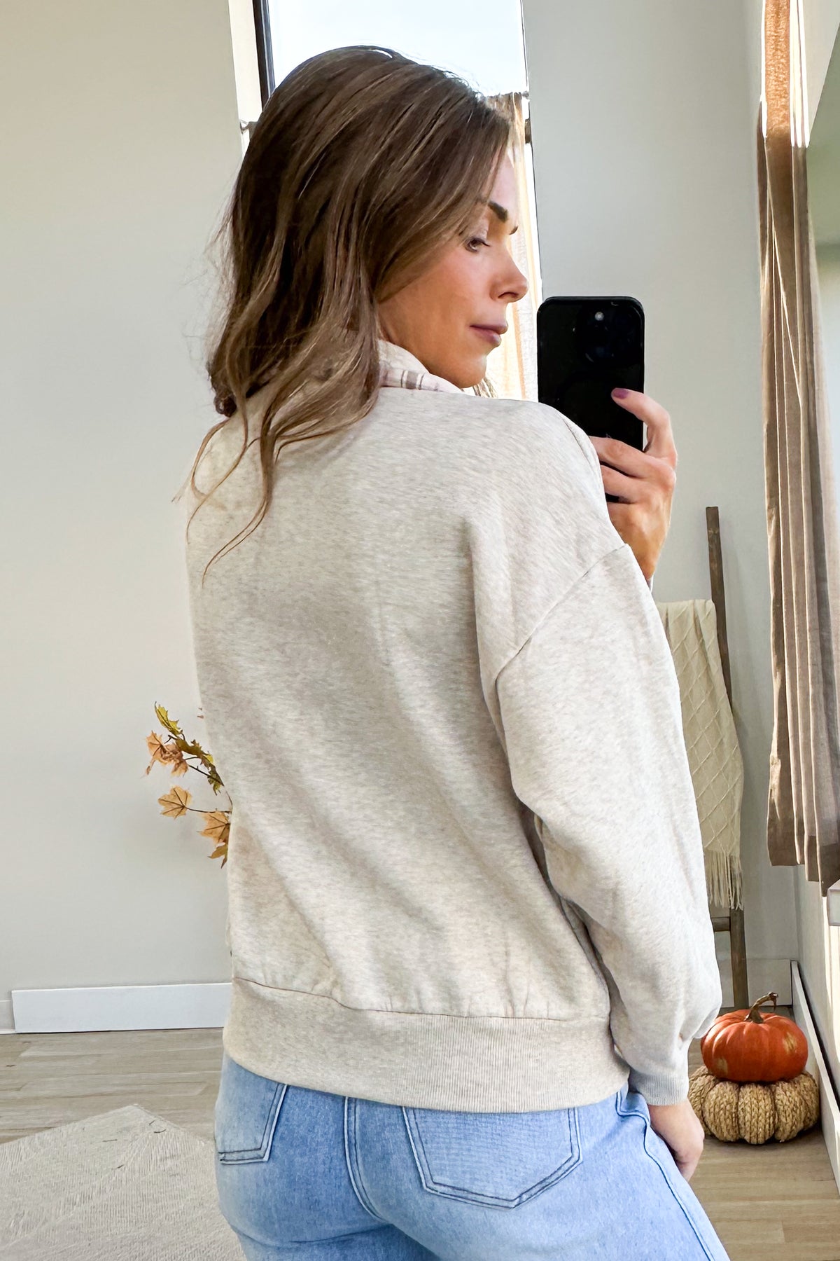 Oatmeal With Pink Plaid Trim Quarter Zip Pullover