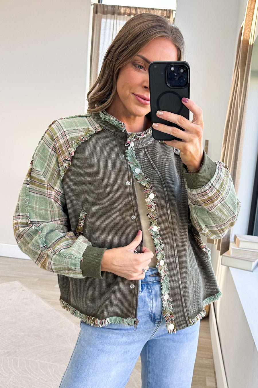 Washed Olive Waffle Knit And Plaid Jacket