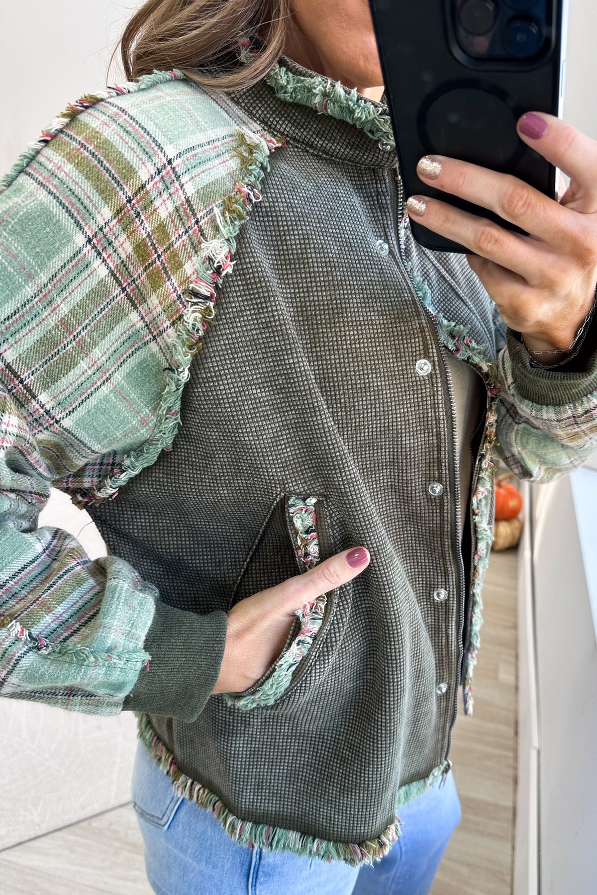 Washed Olive Waffle Knit And Plaid Jacket