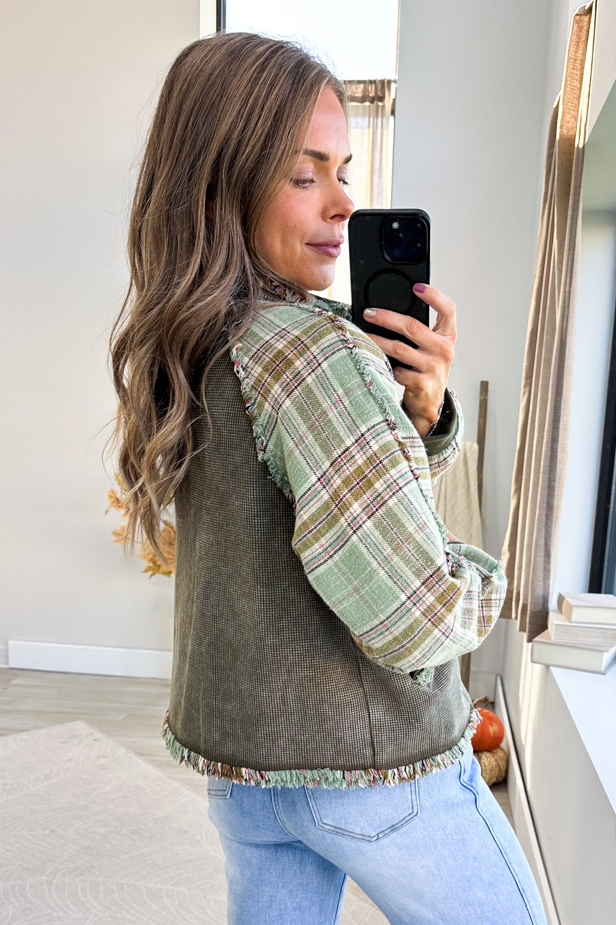 Washed Olive Waffle Knit And Plaid Jacket