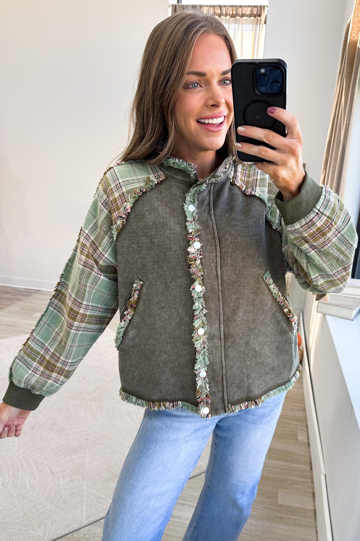 Washed Olive Waffle Knit And Plaid Jacket