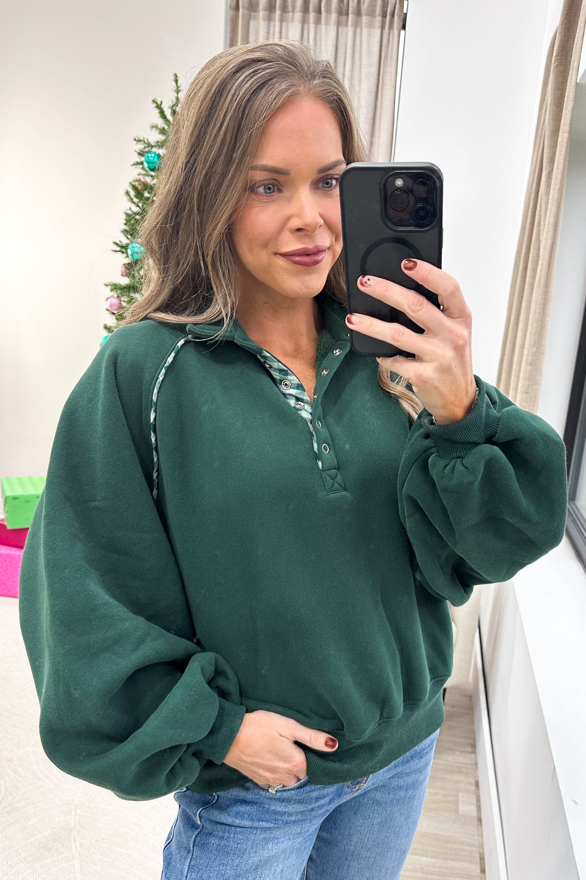 Hunter Green Half Snap Pullover With Checker Detail