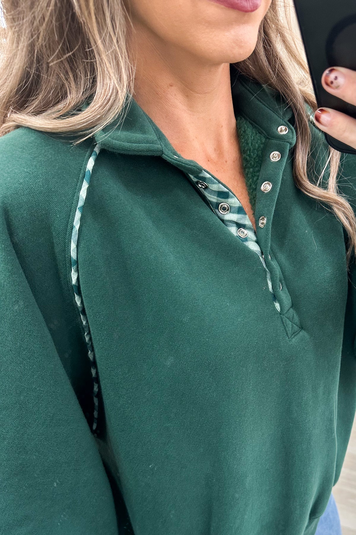 Hunter Green Half Snap Pullover With Checker Detail