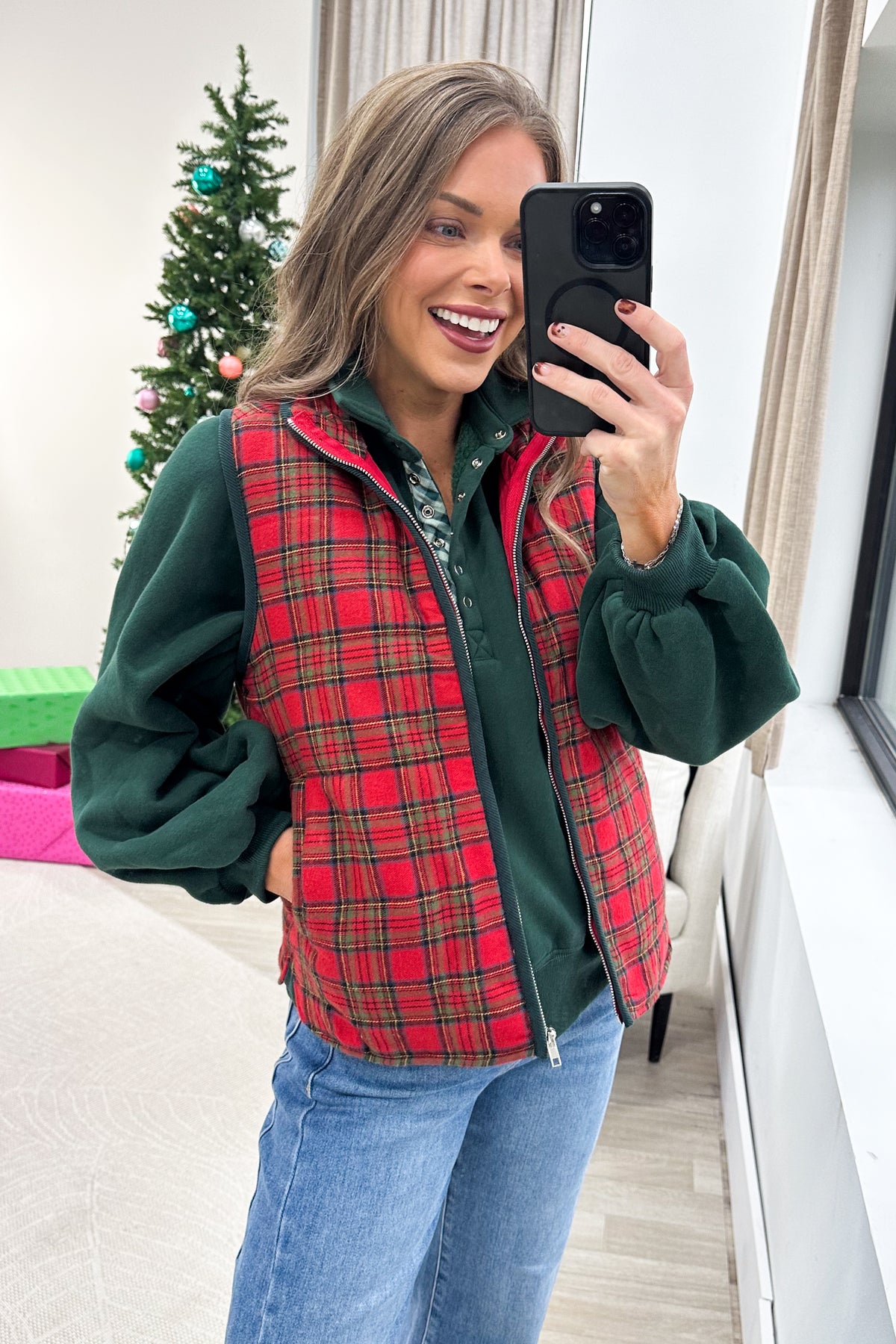 Staccato Red With Green Contrast Plaid Vest