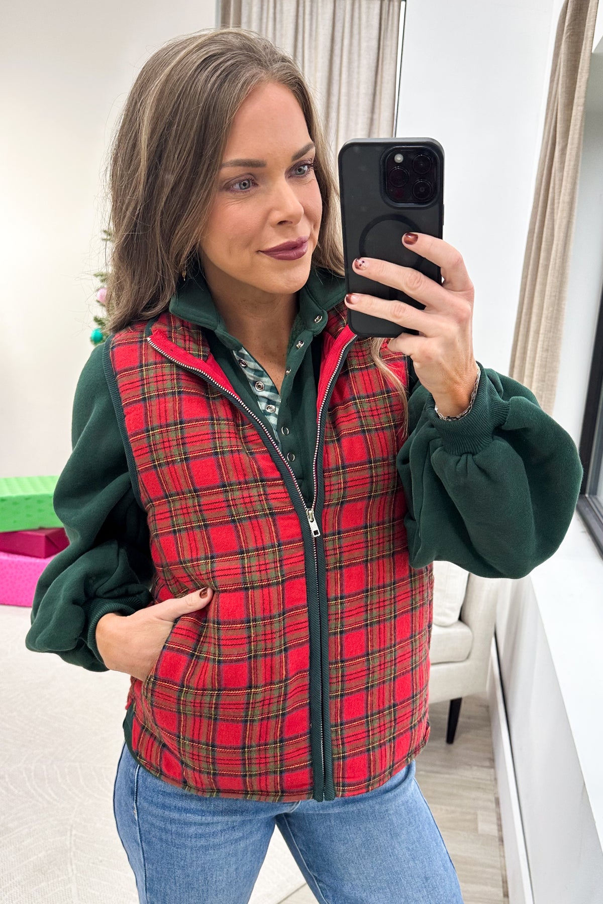 Staccato Red With Green Contrast Plaid Vest