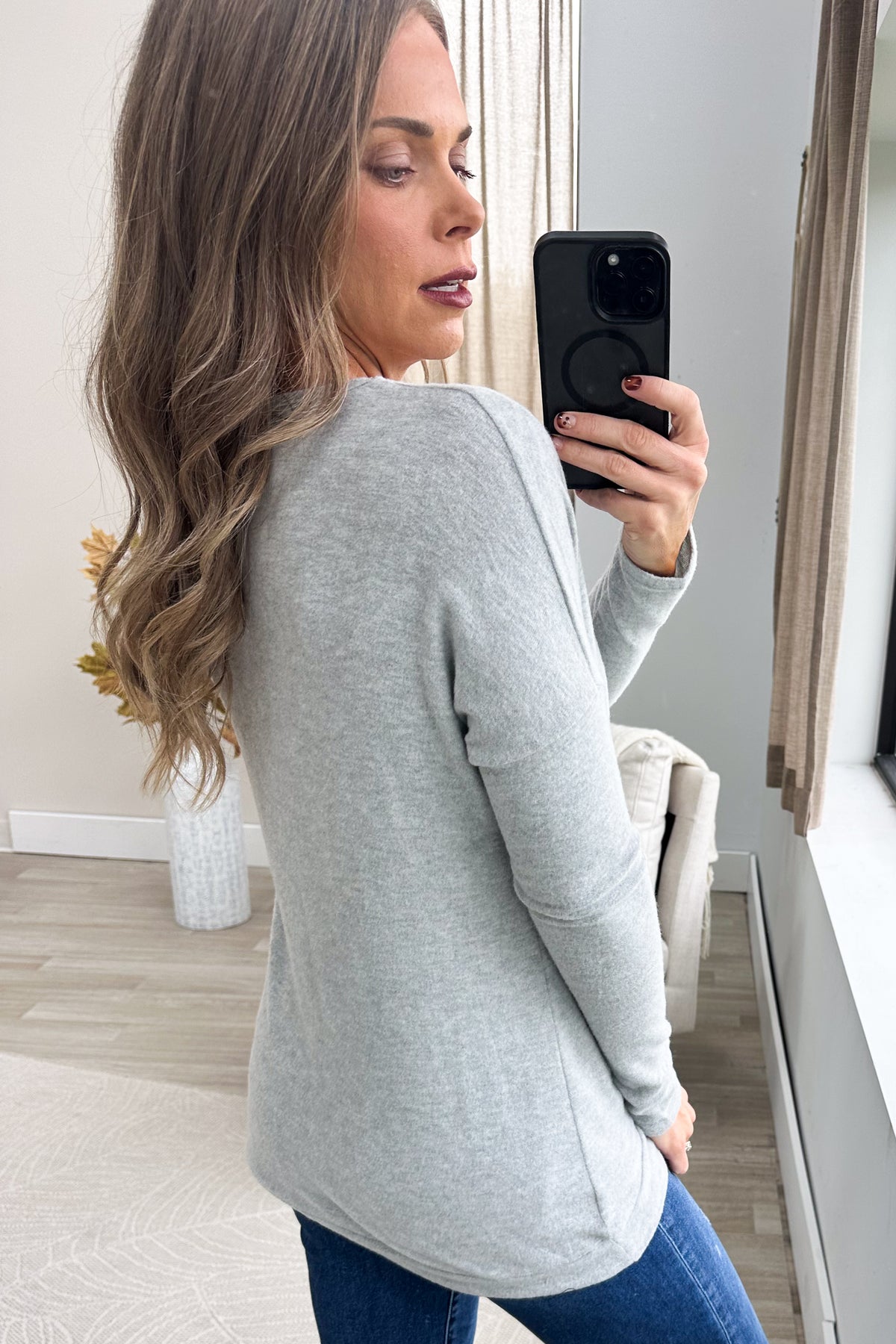 Grey Long Sleeve Knit Top With Front Knot