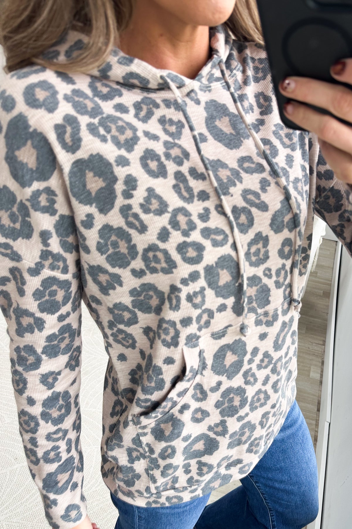 Tan Leopard Printed Knit Hoodie With Pockets