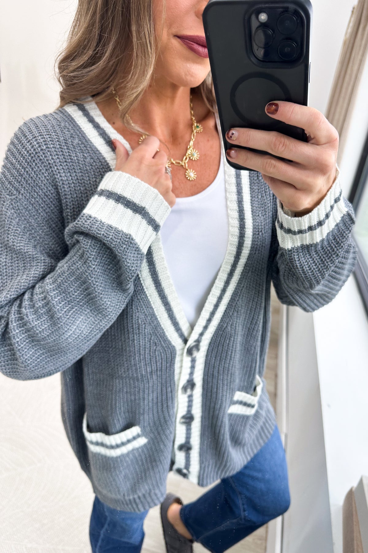 Grey Varsity Stripe Trim V-Neck Sweater Cardigan