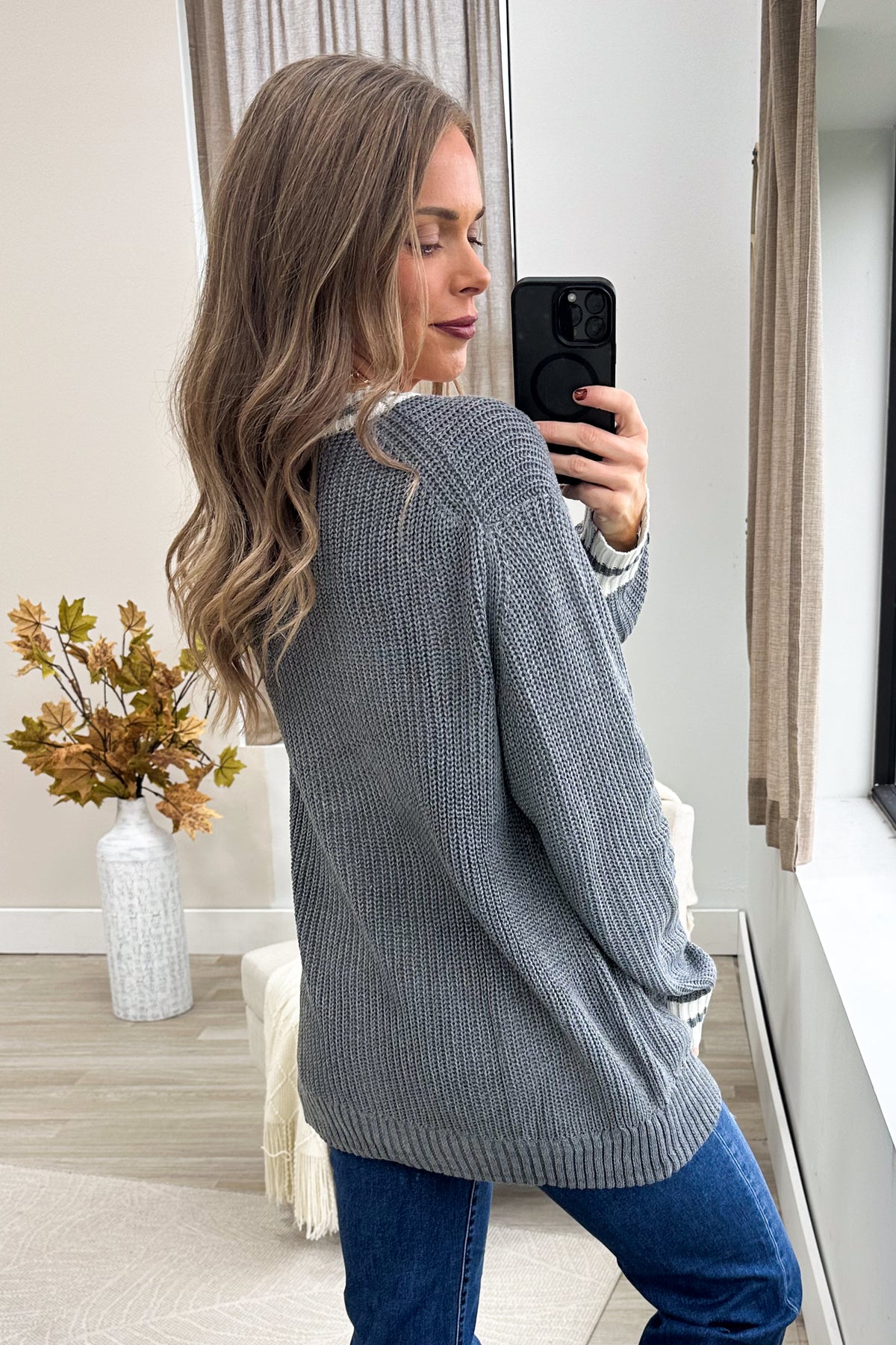 Grey Varsity Stripe Trim V-Neck Sweater Cardigan
