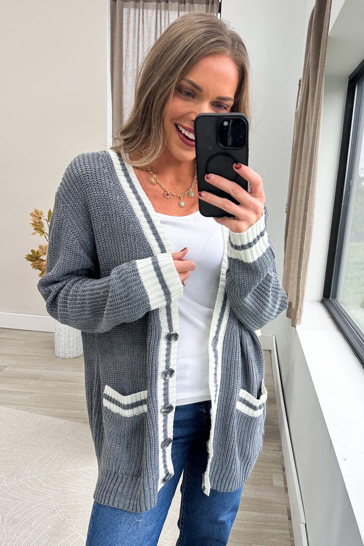 Grey Varsity Stripe Trim V-Neck Sweater Cardigan